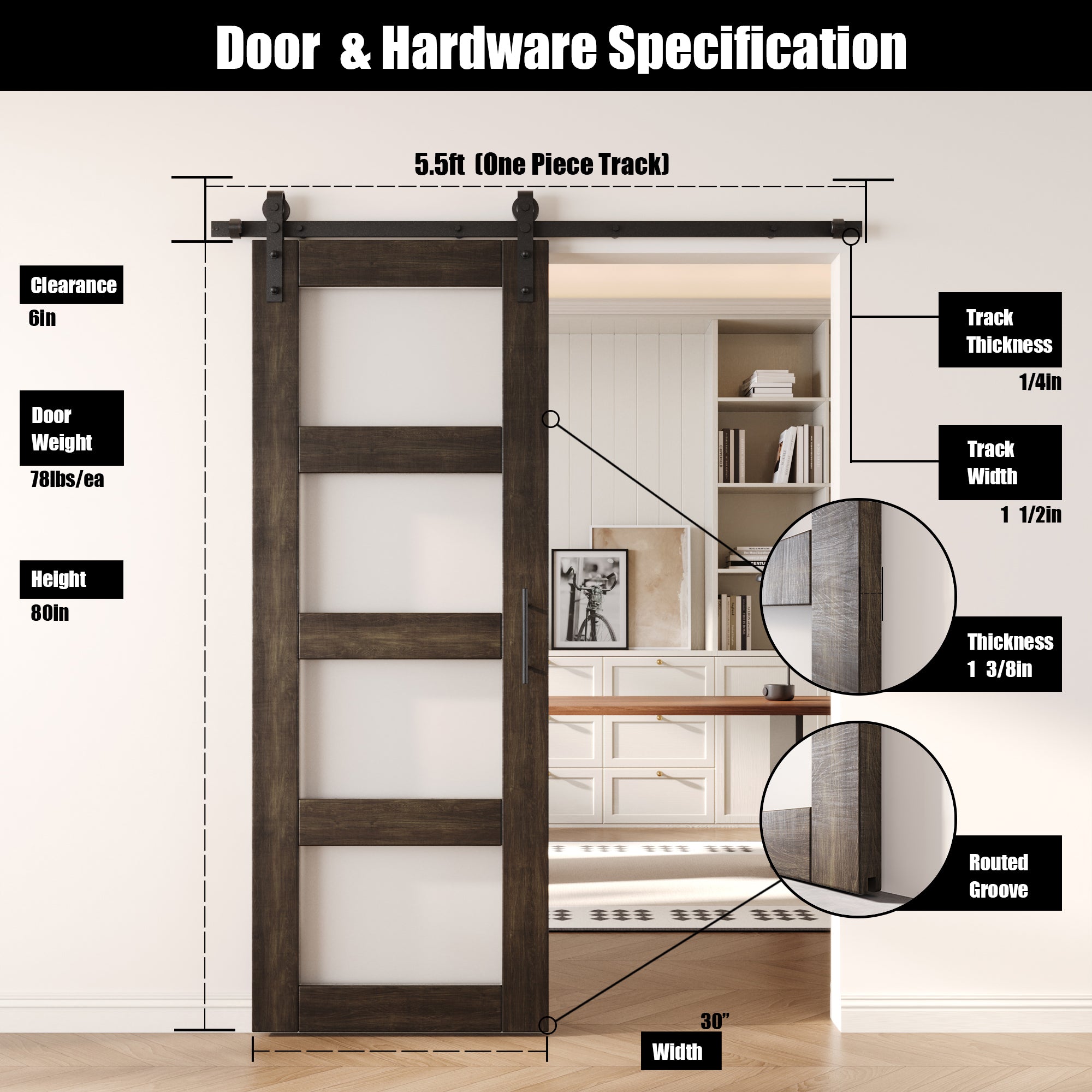 80" Height Ebony 4-Lite Frosted Glass Unassembled & Finished Pine Wood Barn Door with Non-Bypass Installation Hardware Kit (Interior Use Only)