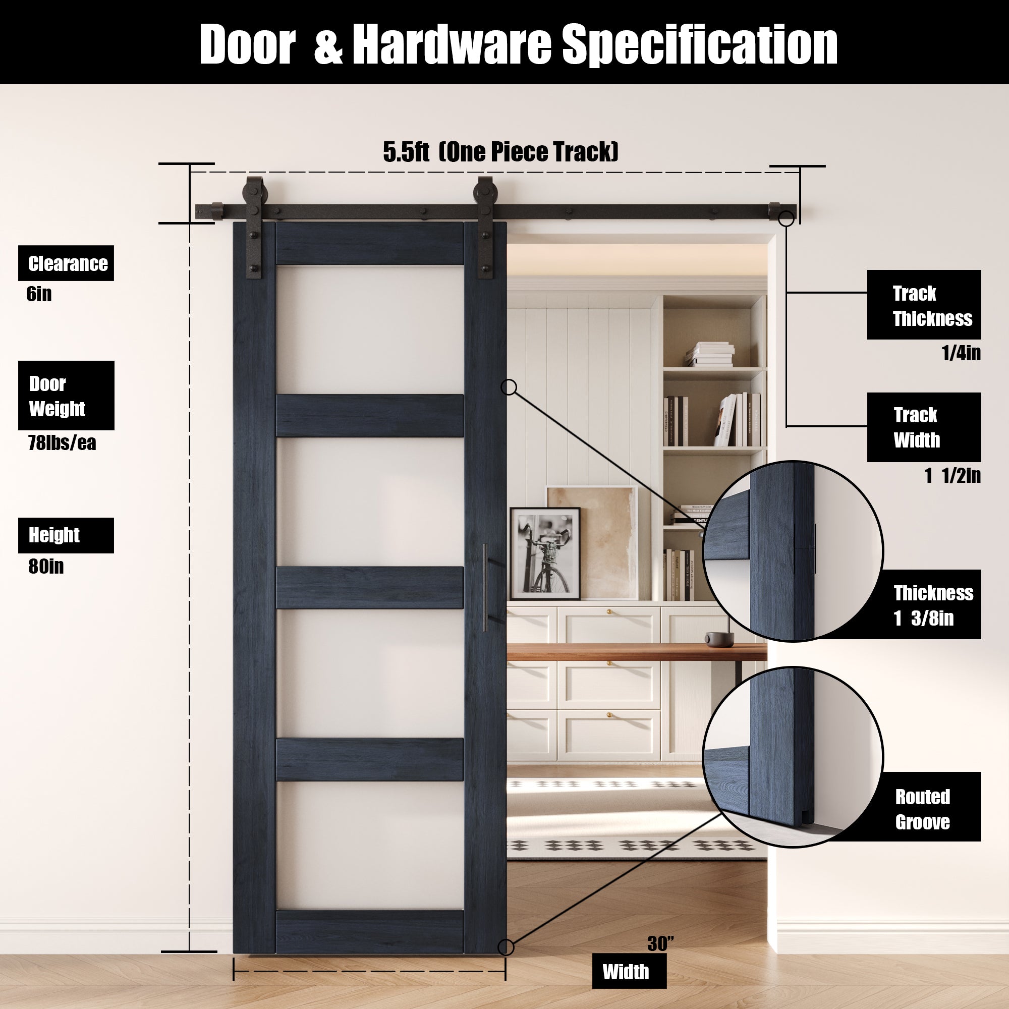 80" Height Navy 4-Lite Frosted Glass Unassembled & Finished Pine Wood Barn Door with Non-Bypass Installation Hardware Kit (Interior Use Only)
