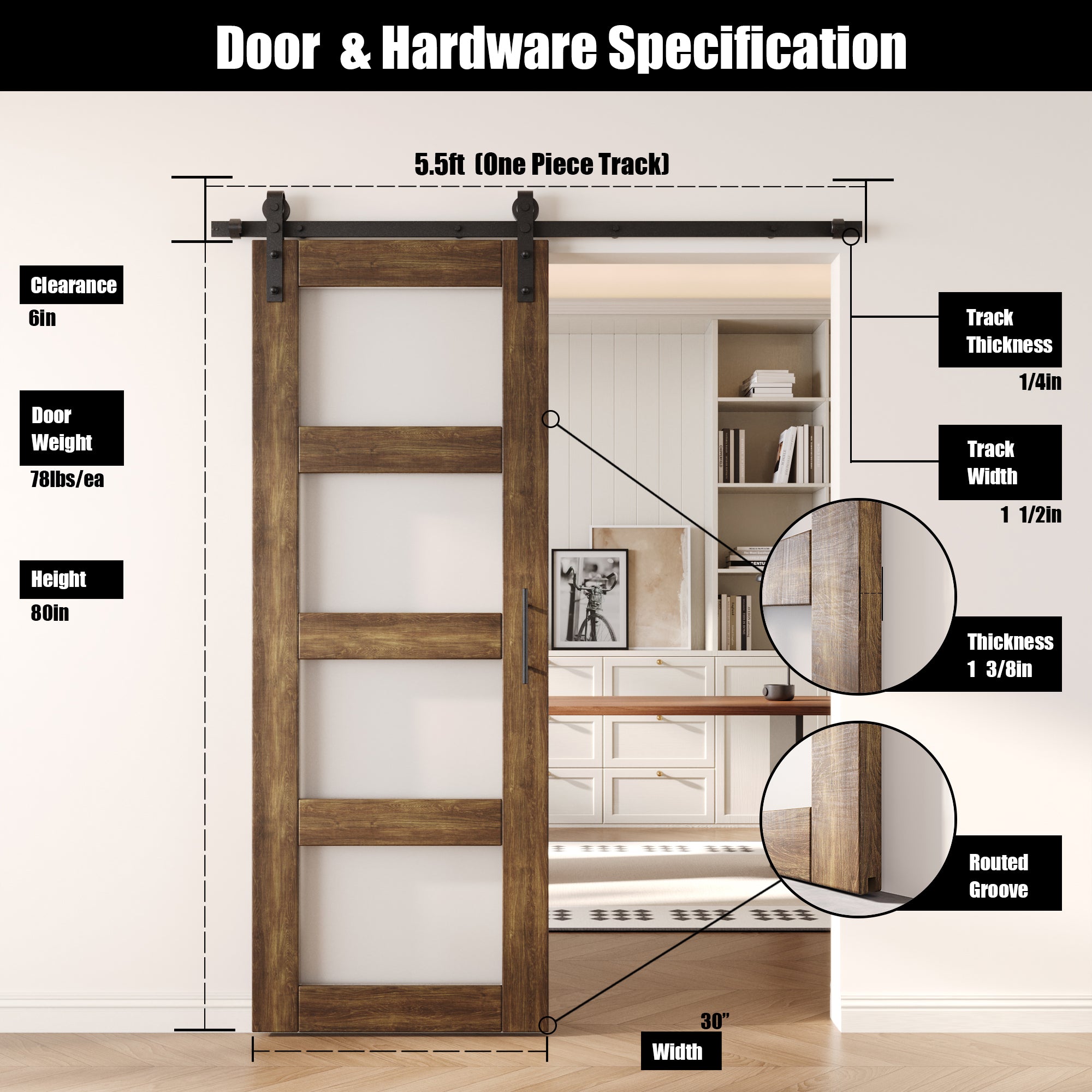 80" Height Dark Walnut 4-Lite Frosted Glass Unassembled & Finished Pine Wood Barn Door with Non-Bypass Installation Hardware Kit (Interior Use Only)