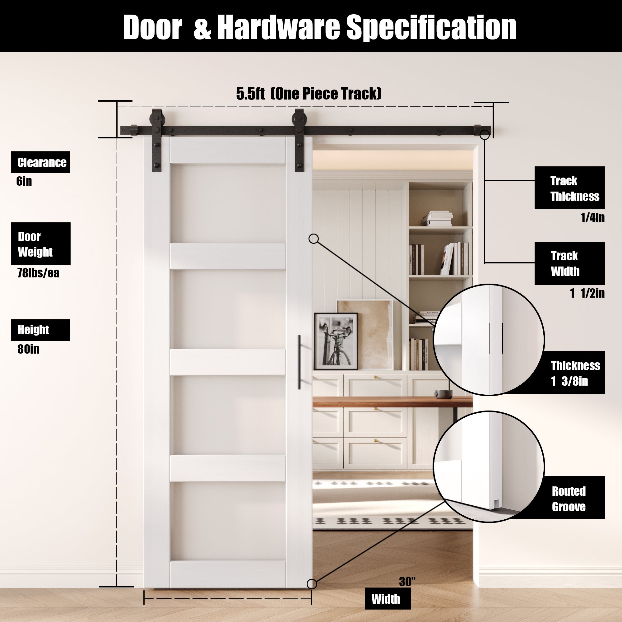 80" Height White 4-Lite Frosted Glass Unassembled & Finished Pine Wood Barn Door with Non-Bypass Installation Hardware Kit (Interior Use Only)