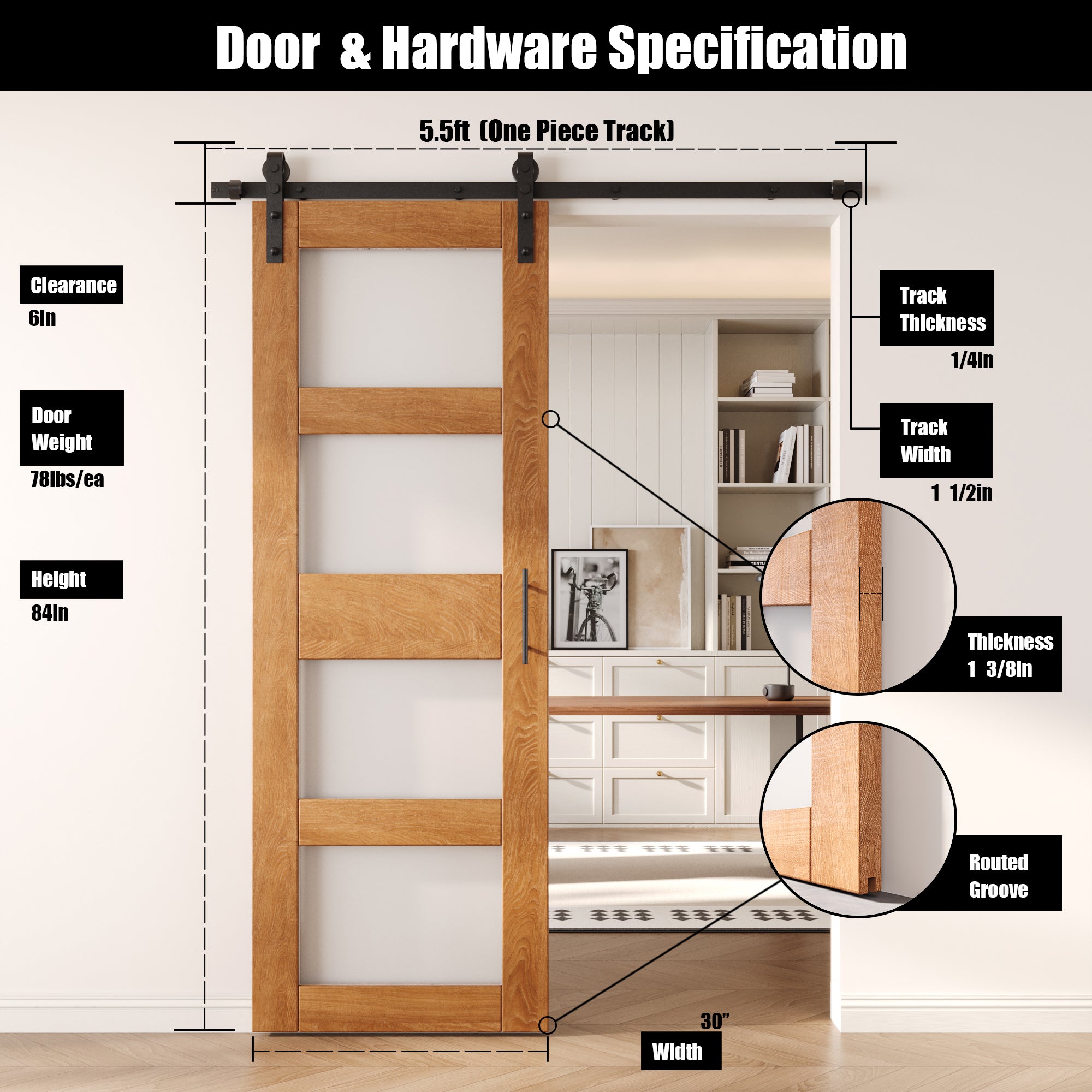 84" Height Early American 4-Lite Frosted Glass Unassembled & Finished Pine Wood Barn Door with Non-Bypass Installation Hardware Kit (Interior Use Only)