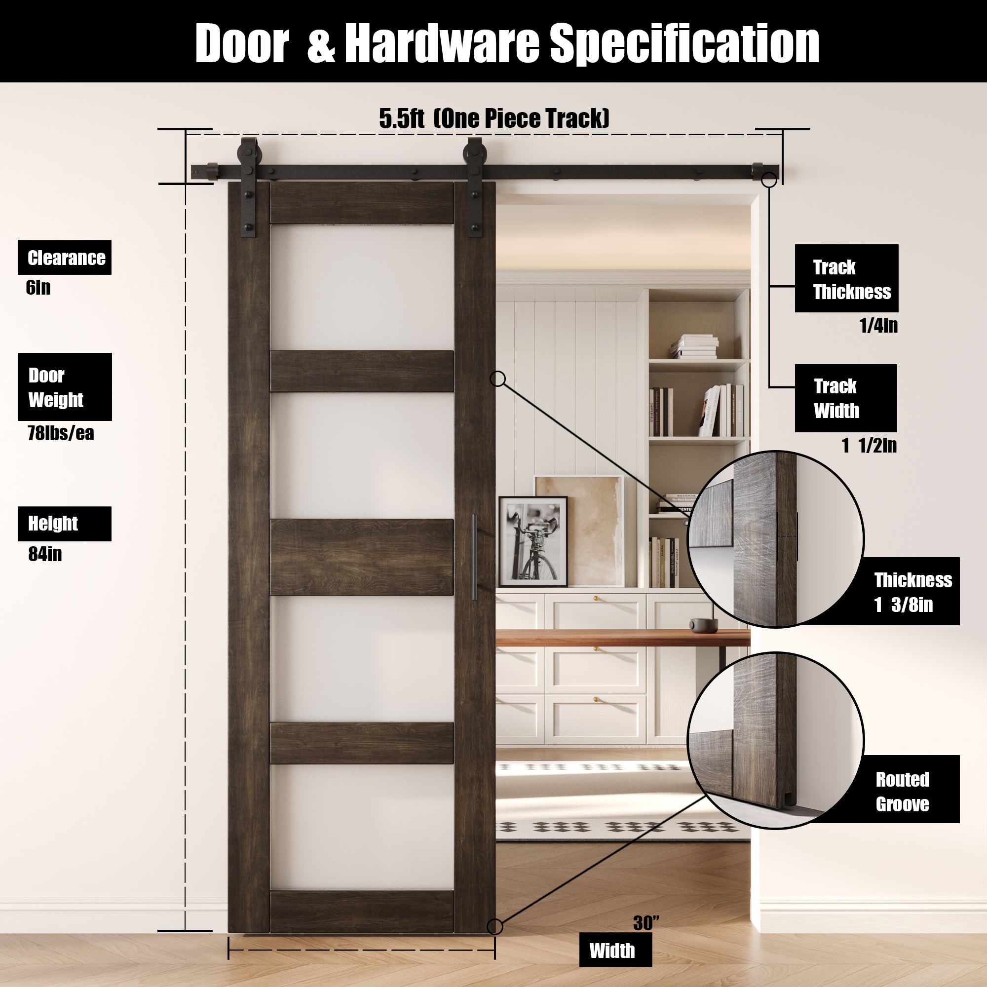 84" Height Ebony 4-Lite Frosted Glass Unassembled & Finished Pine Wood Barn Door with Non-Bypass Installation Hardware Kit (Interior Use Only)