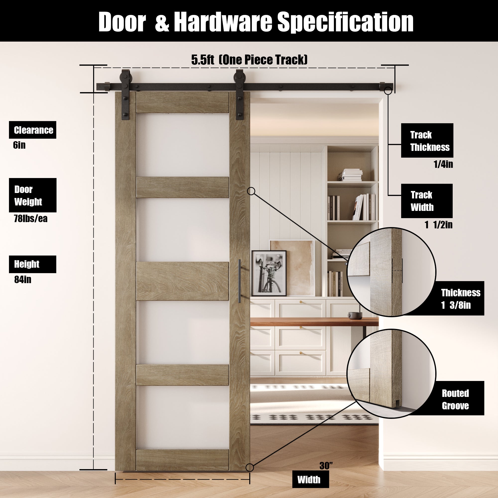 84" Height Classic Gray 4-Lite Frosted Glass Unassembled & Finished Pine Wood Barn Door with Non-Bypass Installation Hardware Kit (Interior Use Only)
