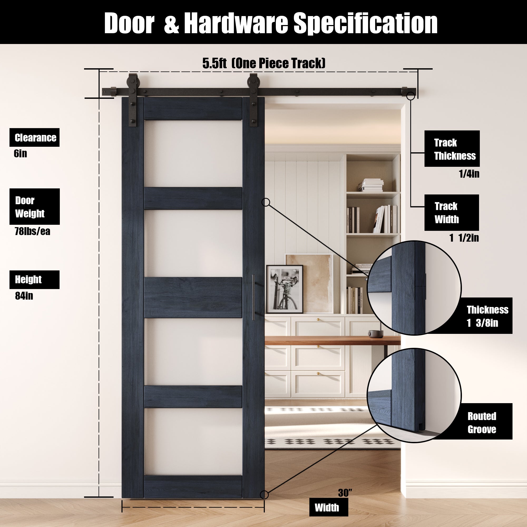 84" Height Navy 4-Lite Frosted Glass Unassembled & Finished Pine Wood Barn Door with Non-Bypass Installation Hardware Kit (Interior Use Only)