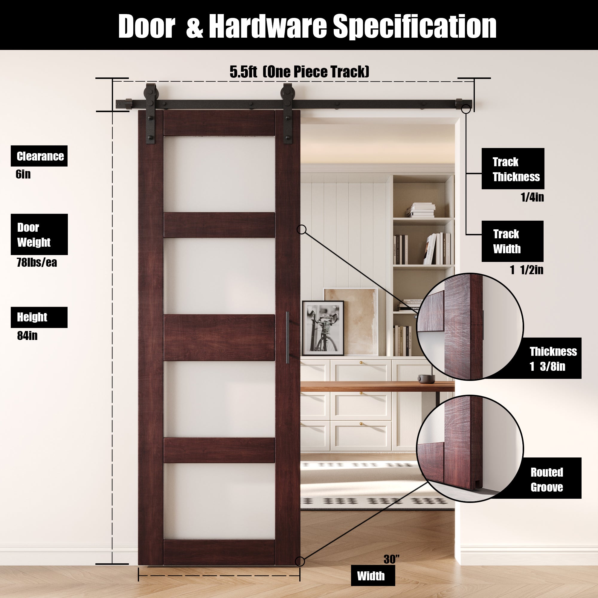 84" Height Red Mahogany 4-Lite Frosted Glass Unassembled & Finished Pine Wood Barn Door with Non-Bypass Installation Hardware Kit (Interior Use Only)