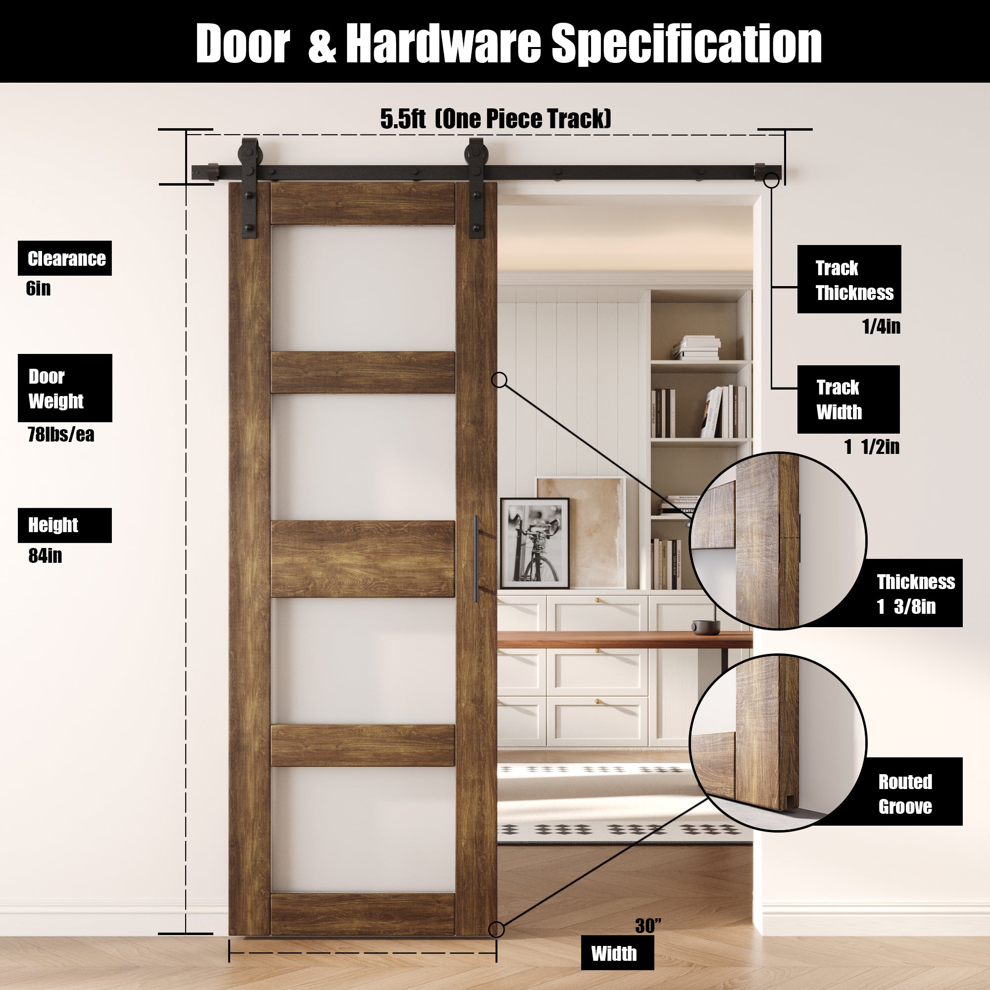 84" Height Dark Walnut 4-Lite Frosted Glass Unassembled & Finished Pine Wood Barn Door with Non-Bypass Installation Hardware Kit (Interior Use Only)