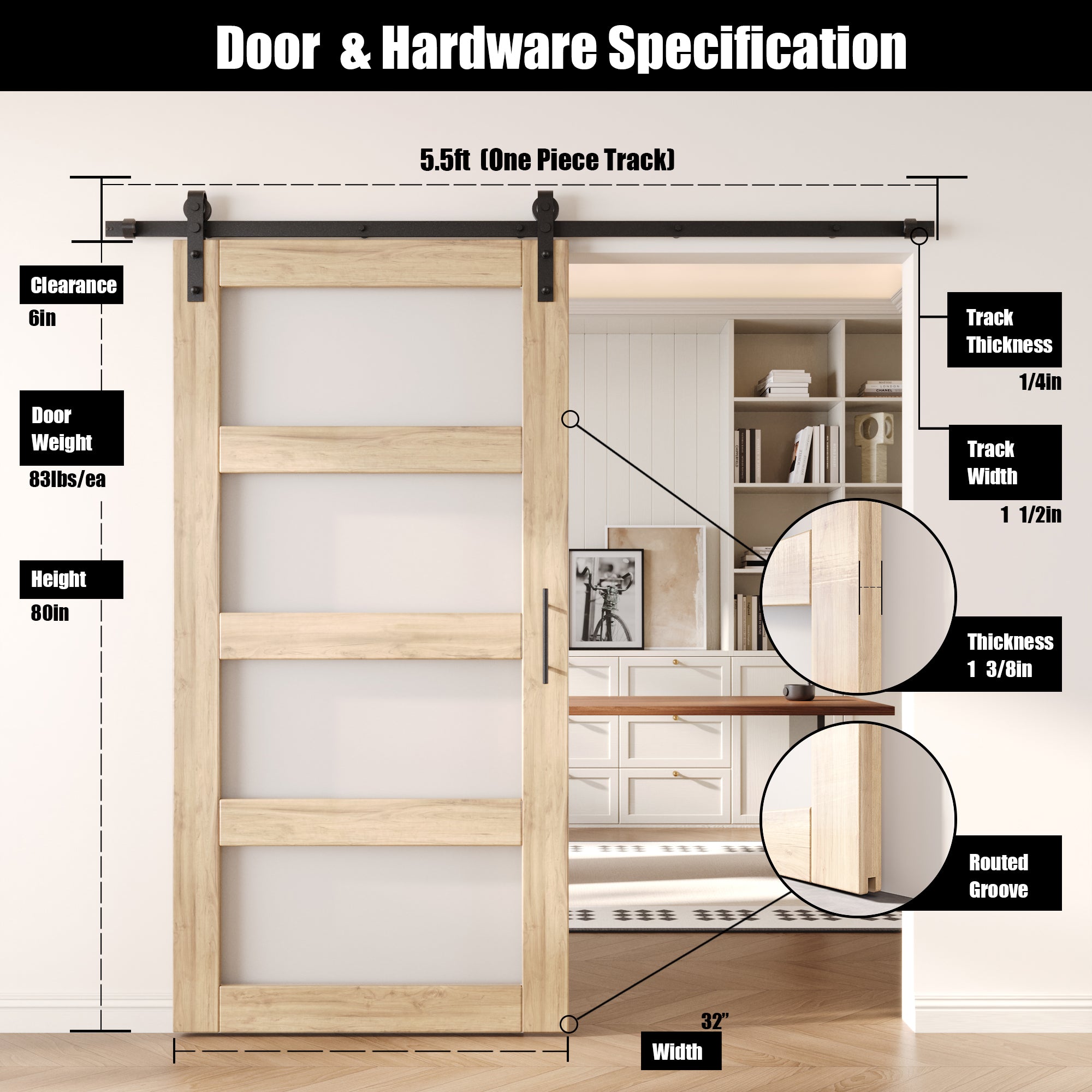 80" Height 4-Lite Frosted Glass Unassembled & Unfinished Pine Wood Barn Door with Non-Bypass Installation Hardware Kit (Interior Use Only)