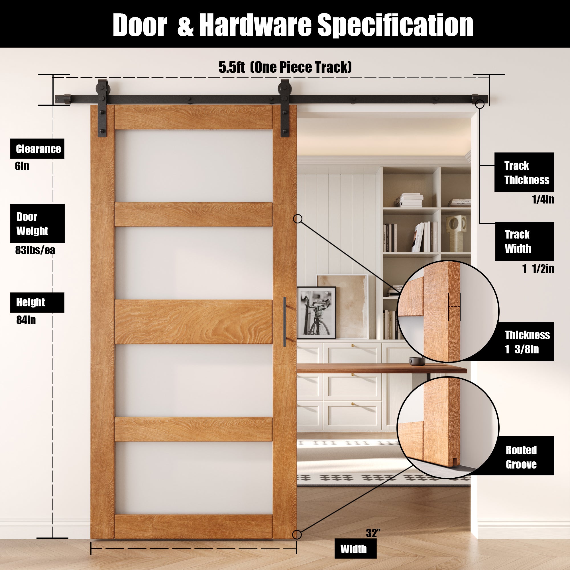 84" Height Early American 4-Lite Frosted Glass Unassembled & Finished Pine Wood Barn Door with Non-Bypass Installation Hardware Kit (Interior Use Only)