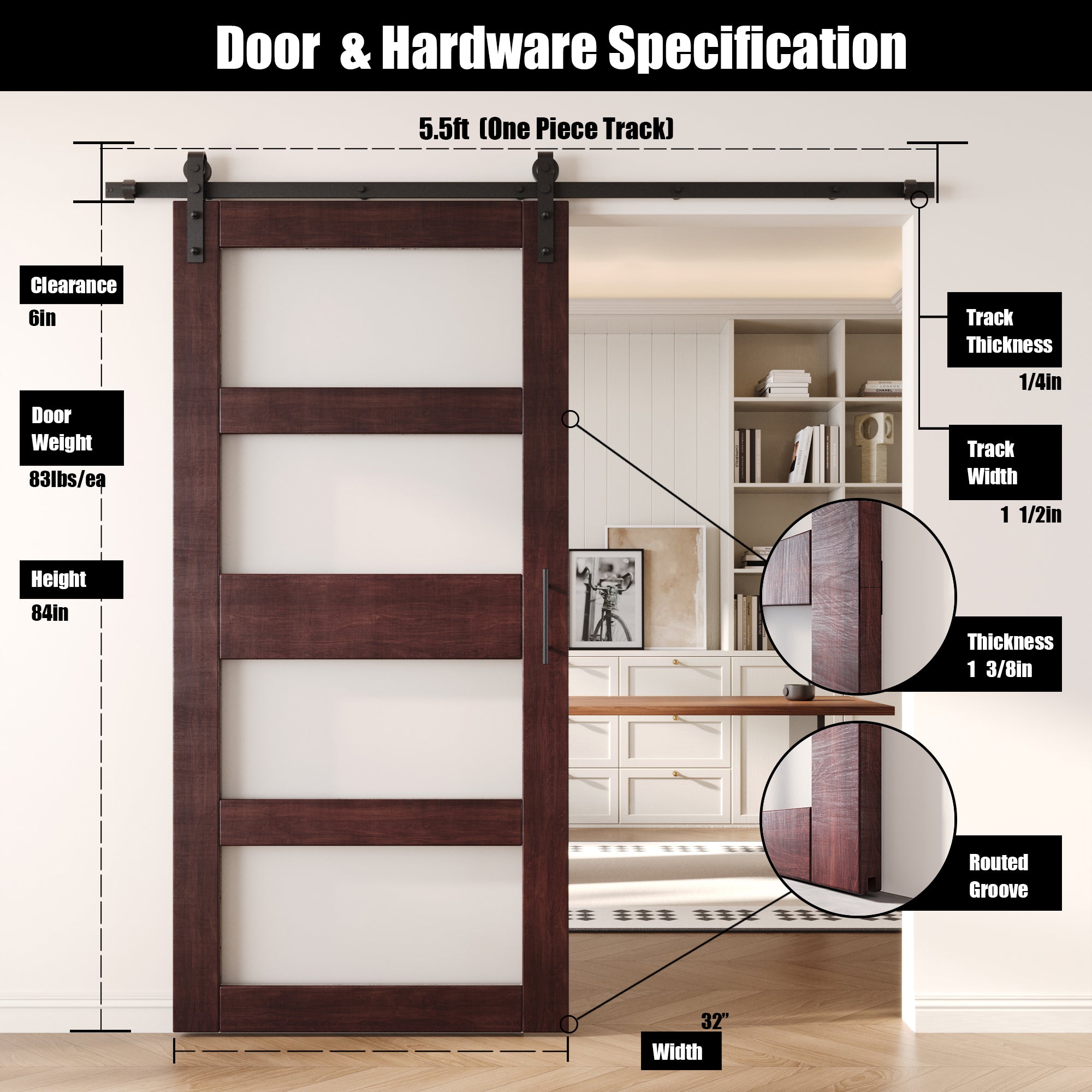 84" Height Red Mahogany 4-Lite Frosted Glass Unassembled & Finished Pine Wood Barn Door with Non-Bypass Installation Hardware Kit (Interior Use Only)