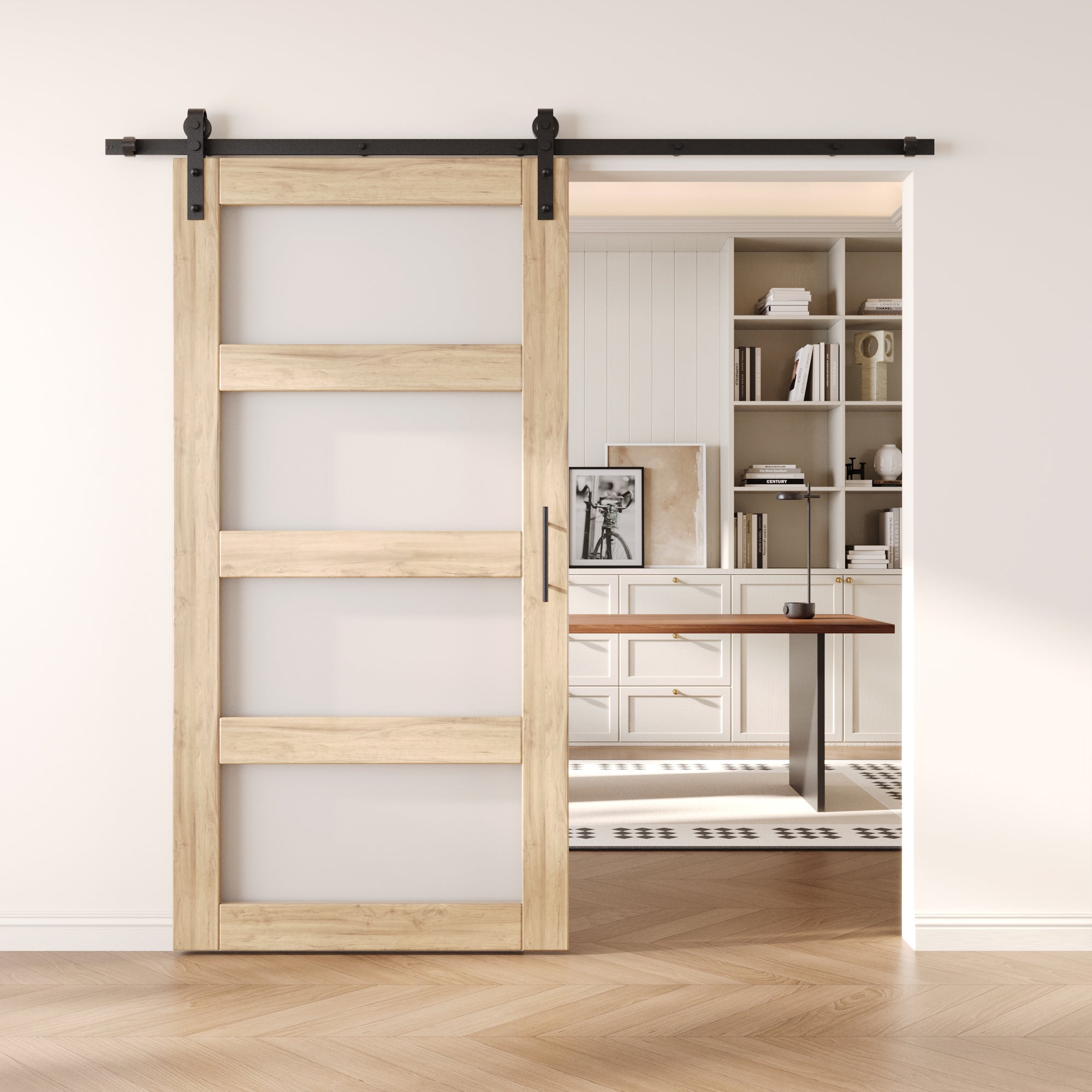 80" Height 4-Lite Frosted Glass Unassembled & Unfinished Pine Wood Barn Door with Non-Bypass Installation Hardware Kit (Interior Use Only)