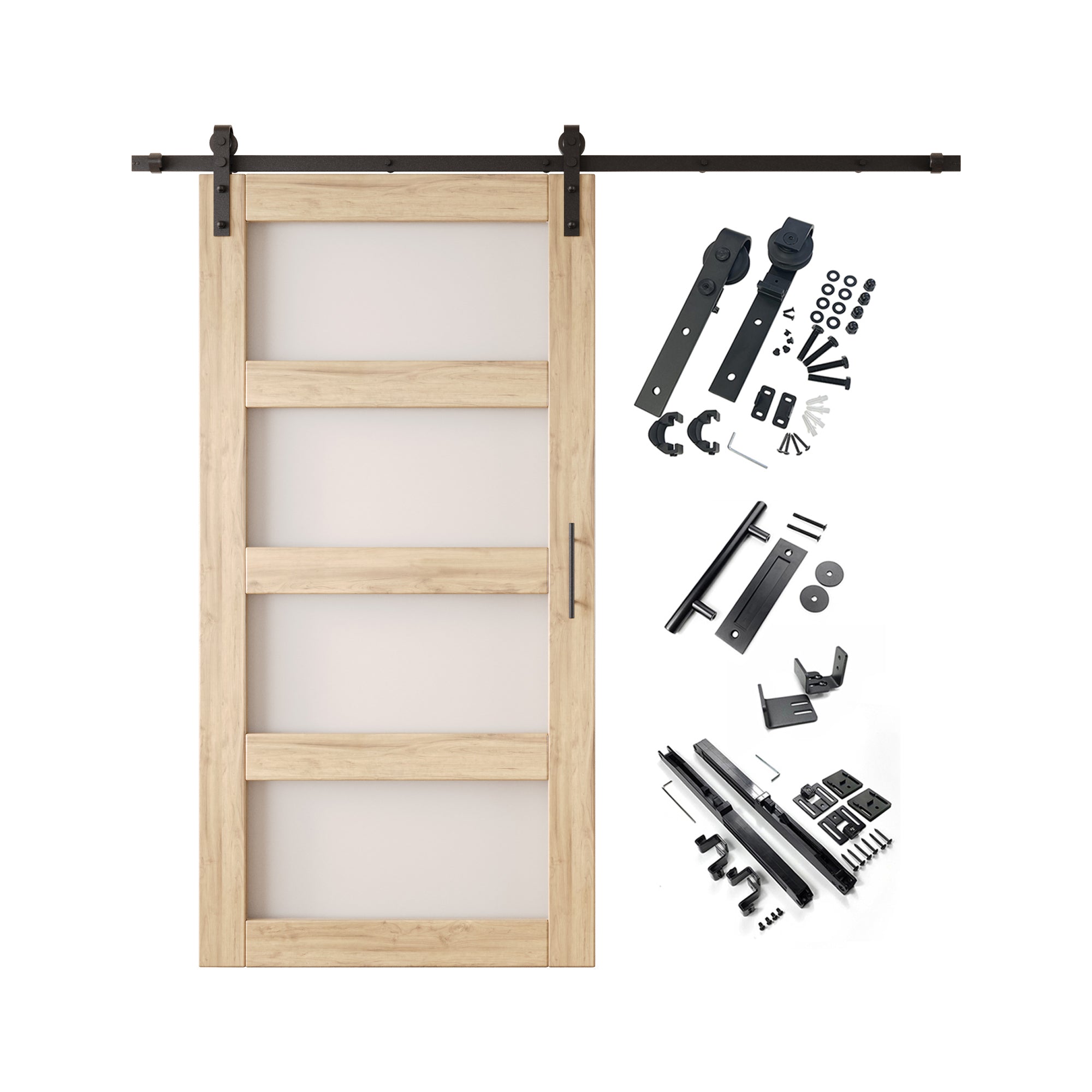 80" Height 4-Lite Frosted Glass Unassembled & Unfinished Pine Wood Barn Door with Non-Bypass Installation Hardware Kit (Interior Use Only)