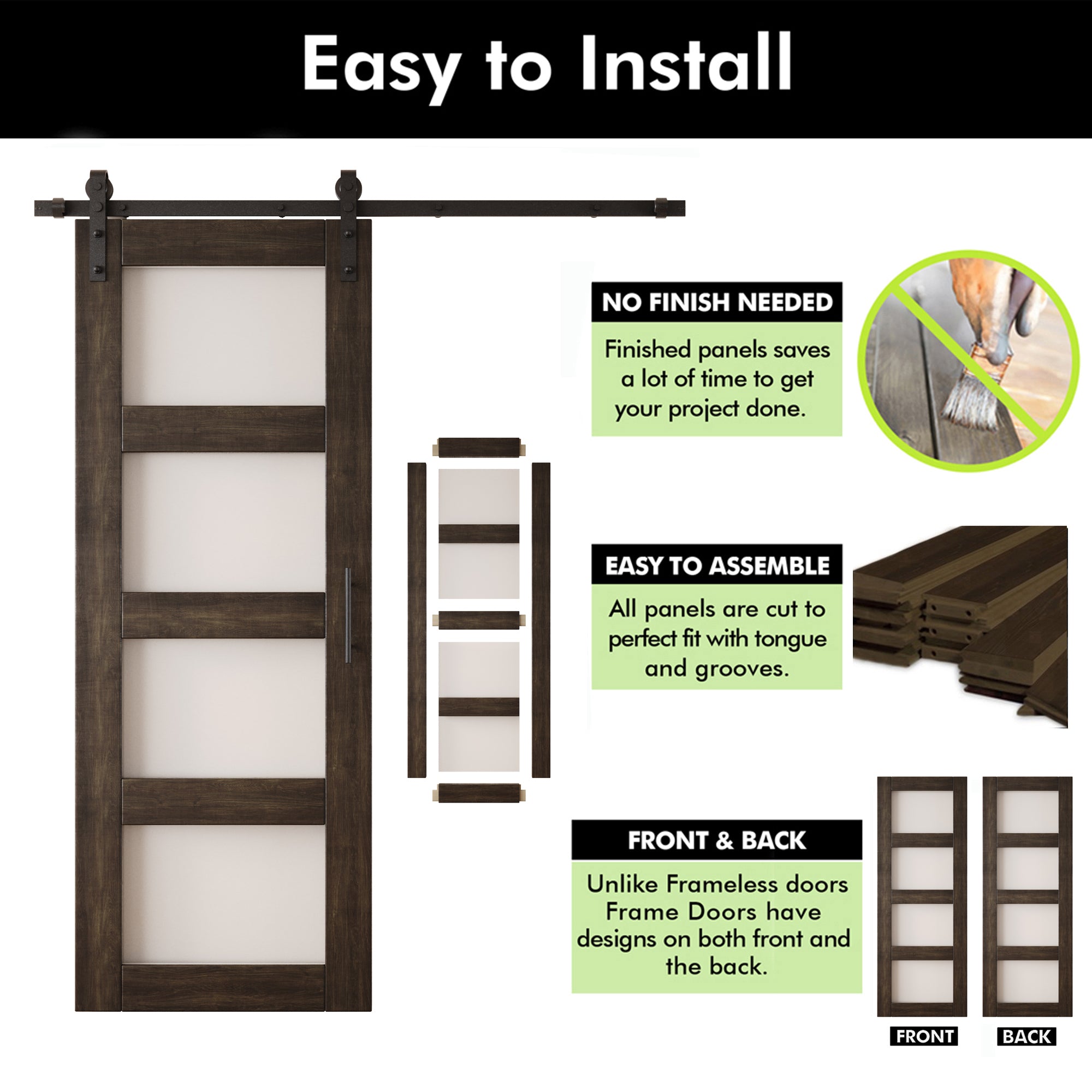 80" Height Ebony 4-Lite Frosted Glass Unassembled & Finished Pine Wood Barn Door with Non-Bypass Installation Hardware Kit (Interior Use Only)