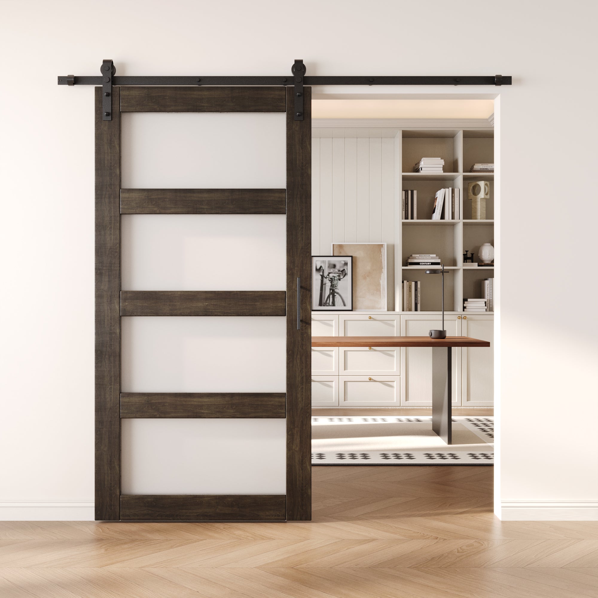 80" Height Ebony 4-Lite Frosted Glass Unassembled & Finished Pine Wood Barn Door with Non-Bypass Installation Hardware Kit (Interior Use Only)