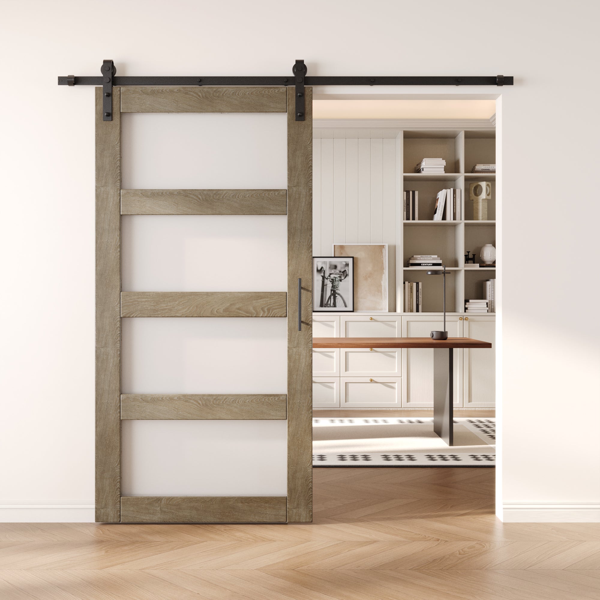 80" Height Classic Gray 4-Lite Frosted Glass Unassembled & Finished Pine Wood Barn Door with Non-Bypass Installation Hardware Kit (Interior Use Only)