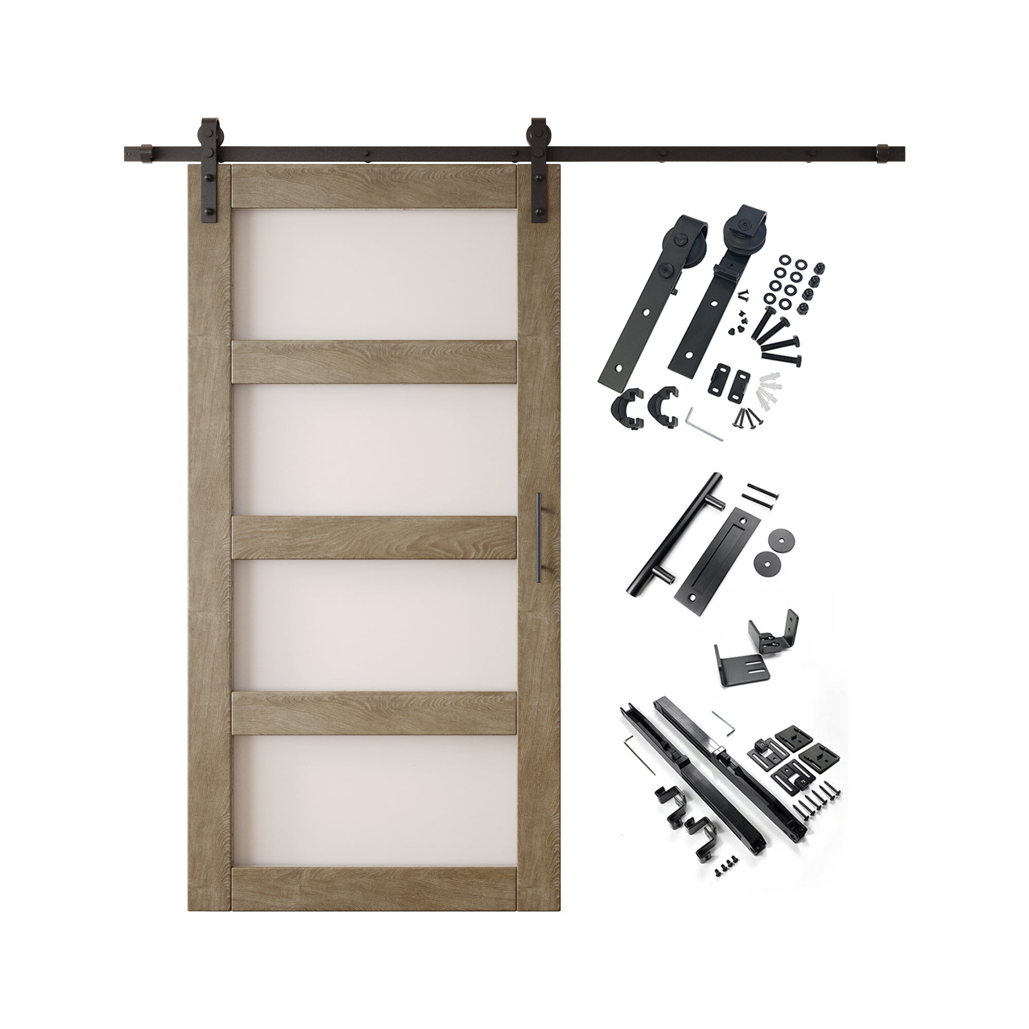 80" Height Classic Gray 4-Lite Frosted Glass Unassembled & Finished Pine Wood Barn Door with Non-Bypass Installation Hardware Kit (Interior Use Only)