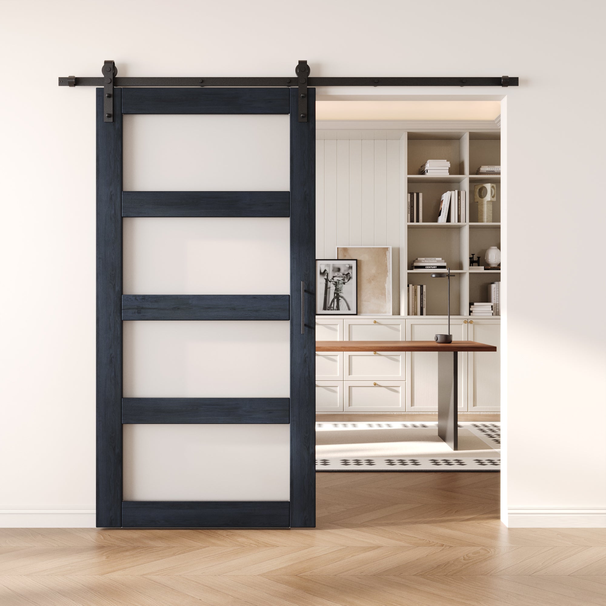 80" Height Navy 4-Lite Frosted Glass Unassembled & Finished Pine Wood Barn Door with Non-Bypass Installation Hardware Kit (Interior Use Only)