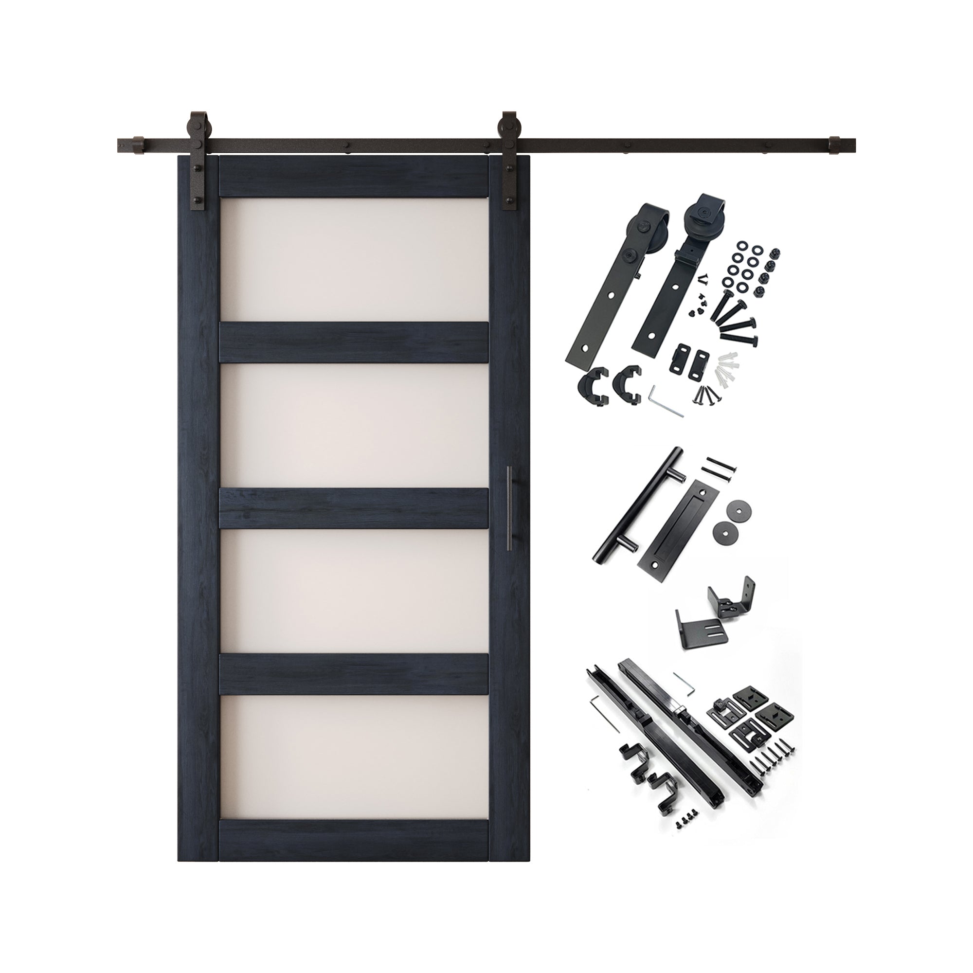 80" Height Navy 4-Lite Frosted Glass Unassembled & Finished Pine Wood Barn Door with Non-Bypass Installation Hardware Kit (Interior Use Only)