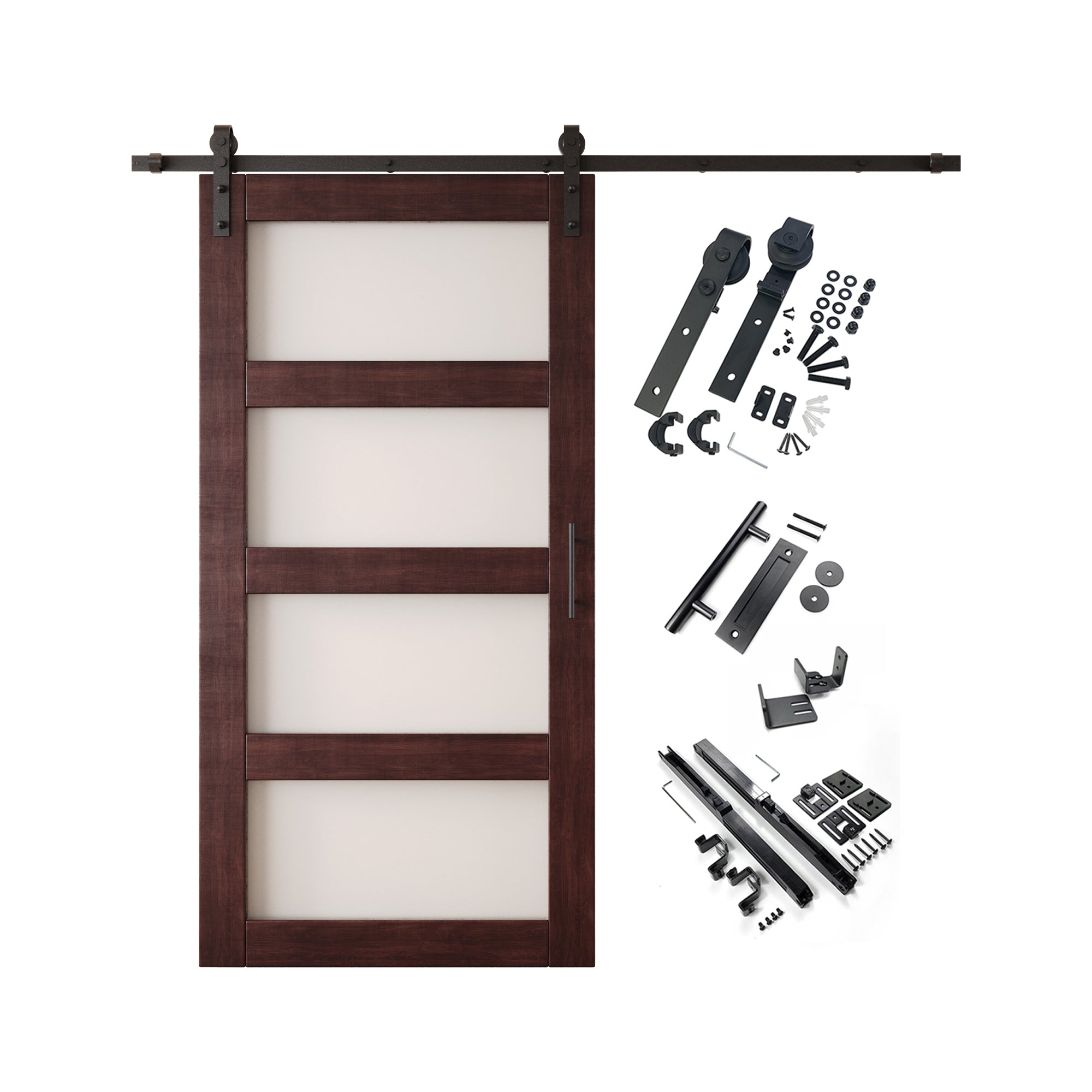80" Height Red Mahogany 4-Lite Frosted Glass Unassembled & Finished Pine Wood Barn Door with Non-Bypass Installation Hardware Kit (Interior Use Only)