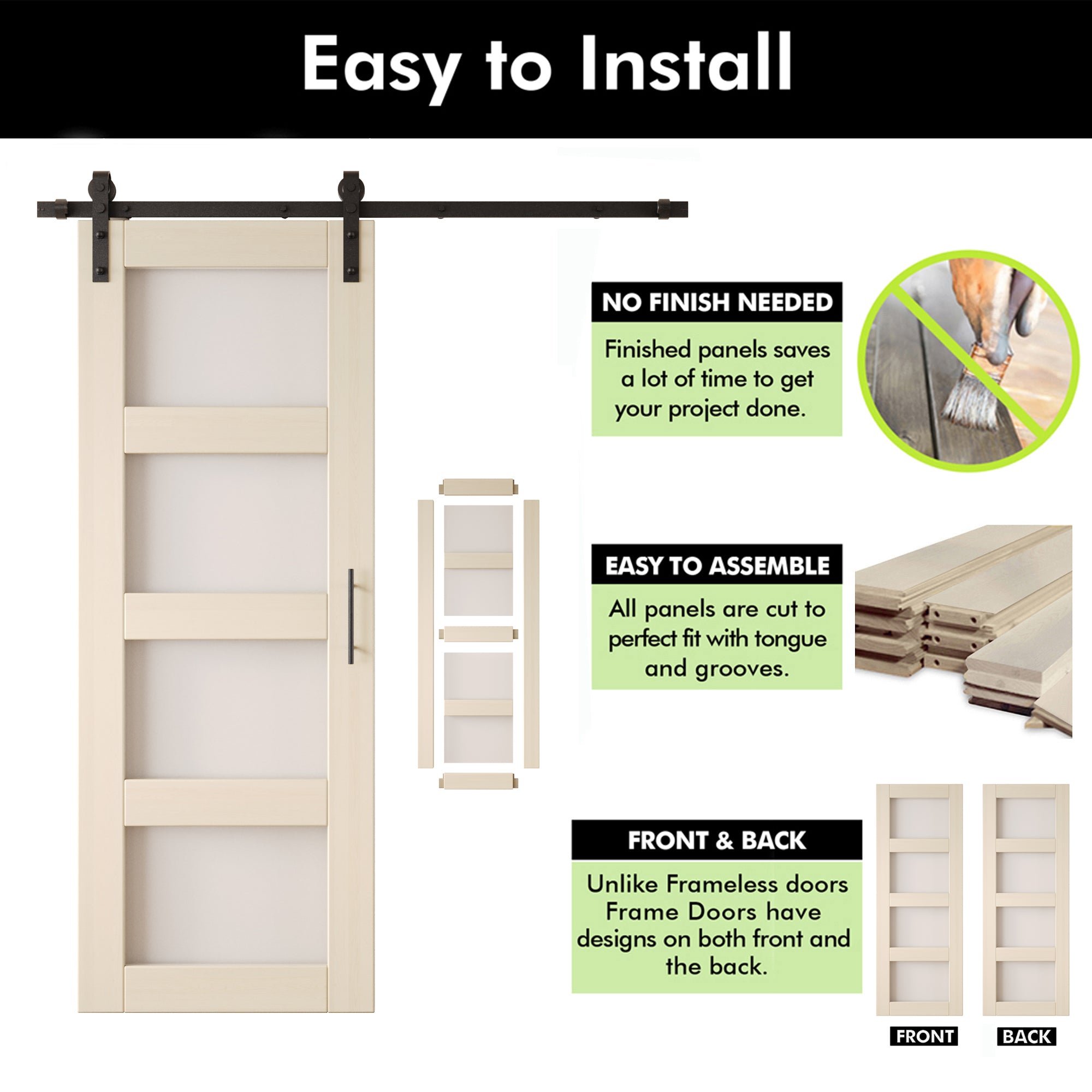 80" Height Tinsmith Gray 4-Lite Frosted Glass Unassembled & Finished Pine Wood Barn Door with Non-Bypass Installation Hardware Kit (Interior Use Only)