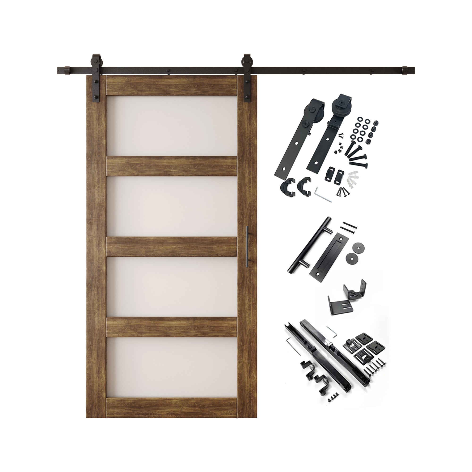 80" Height Dark Walnut 4-Lite Frosted Glass Unassembled & Finished Pine Wood Barn Door with Non-Bypass Installation Hardware Kit (Interior Use Only)