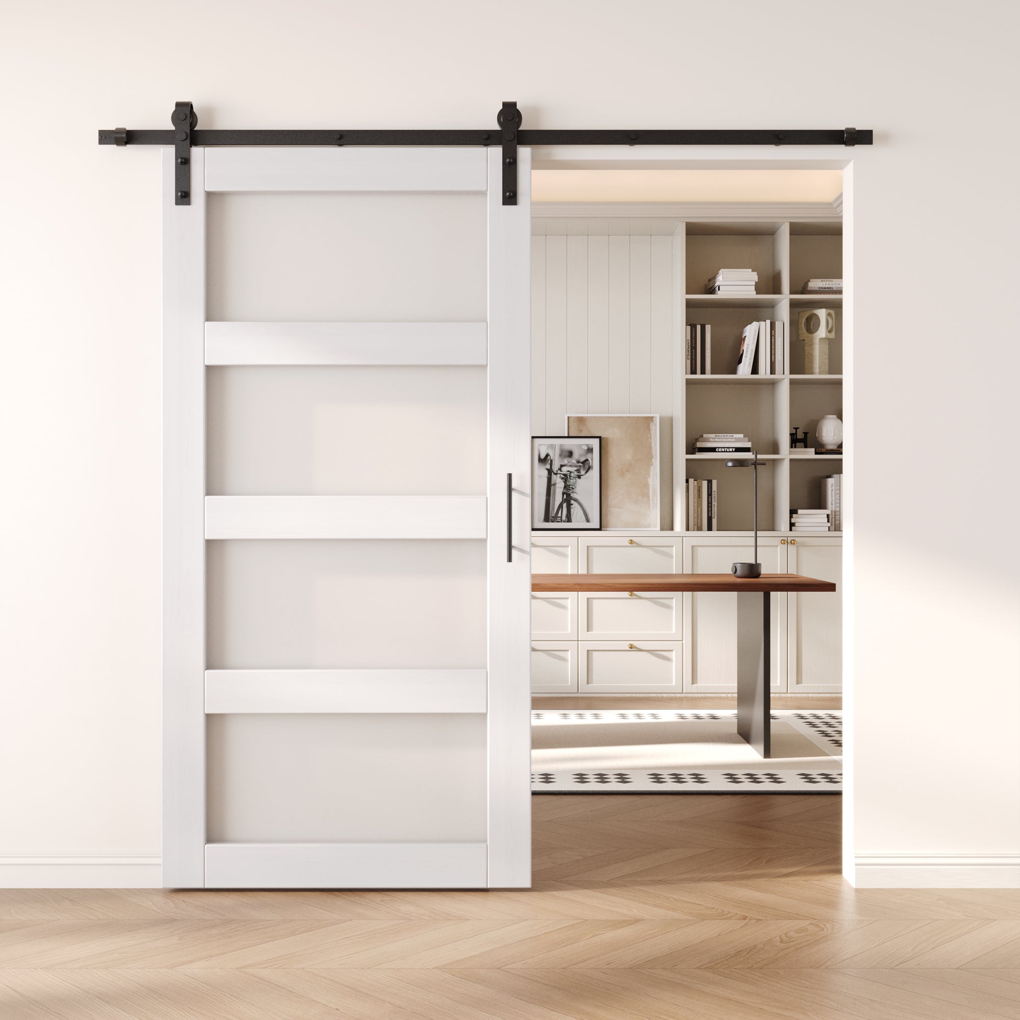 80" Height White 4-Lite Frosted Glass Unassembled & Finished Pine Wood Barn Door with Non-Bypass Installation Hardware Kit (Interior Use Only)