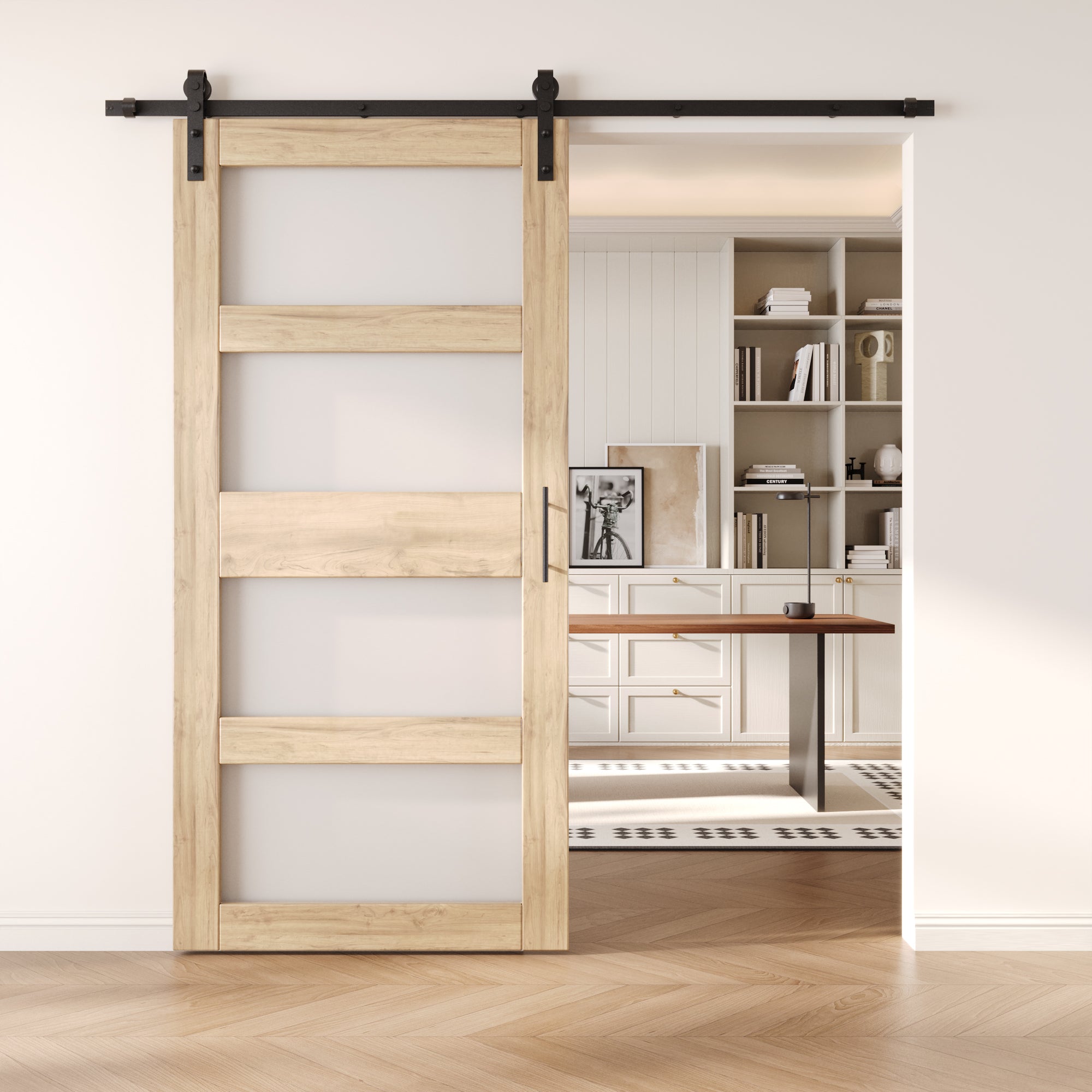 84" Height 4-Lite Frosted Glass Unassembled & Unfinished Pine Wood Barn Door with Non-Bypass Installation Hardware Kit (Interior Use Only)