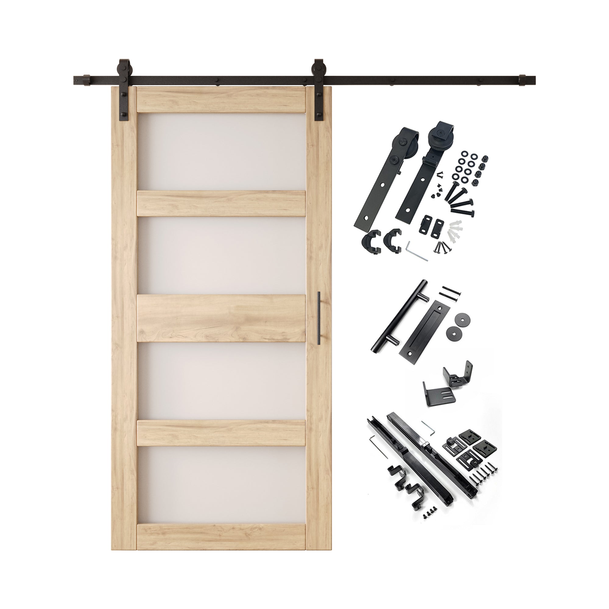 84" Height 4-Lite Frosted Glass Unassembled & Unfinished Pine Wood Barn Door with Non-Bypass Installation Hardware Kit (Interior Use Only)