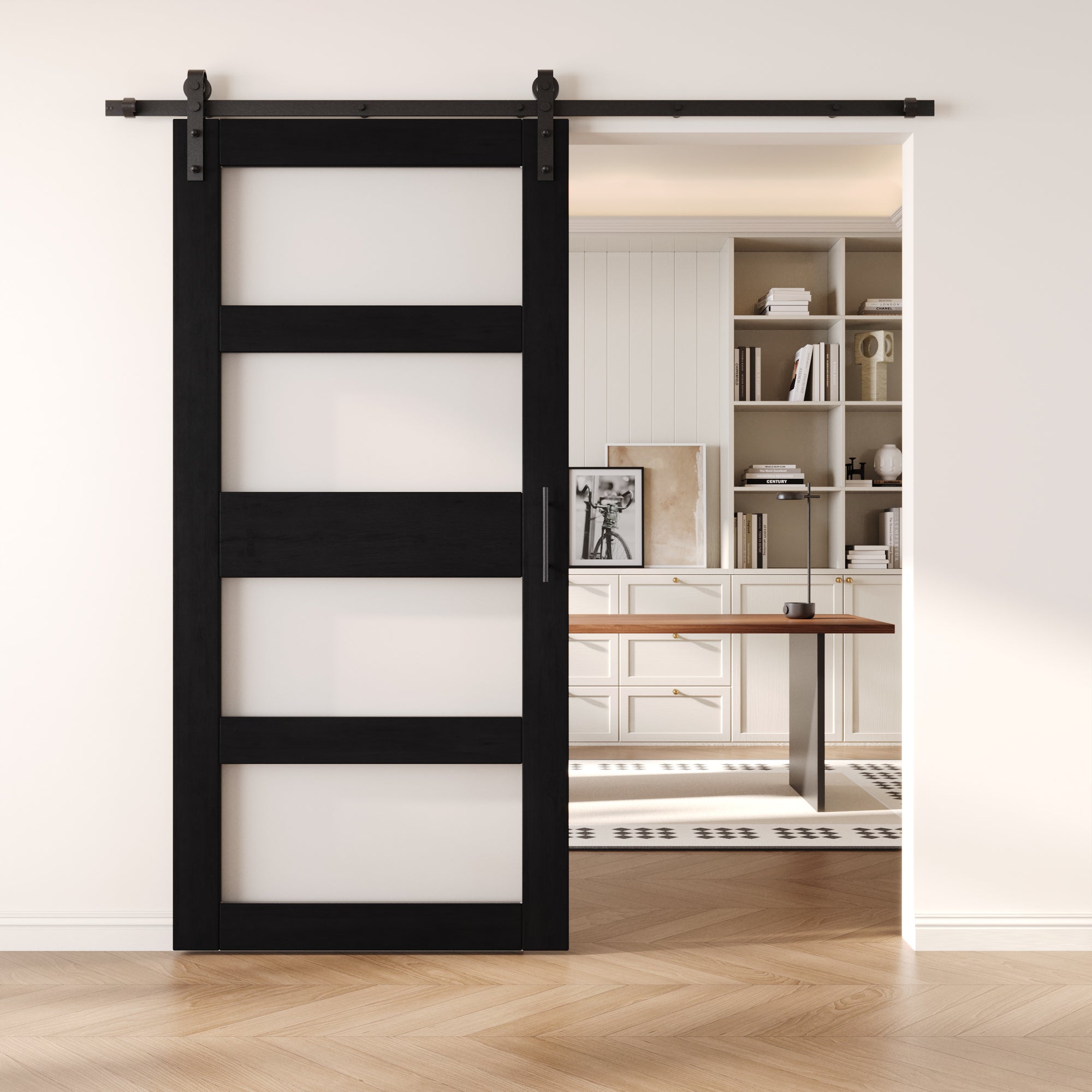 84" Height Black 4-Lite Frosted Glass Unassembled & Finished Pine Wood Barn Door with Non-Bypass Installation Hardware Kit (Interior Use Only)