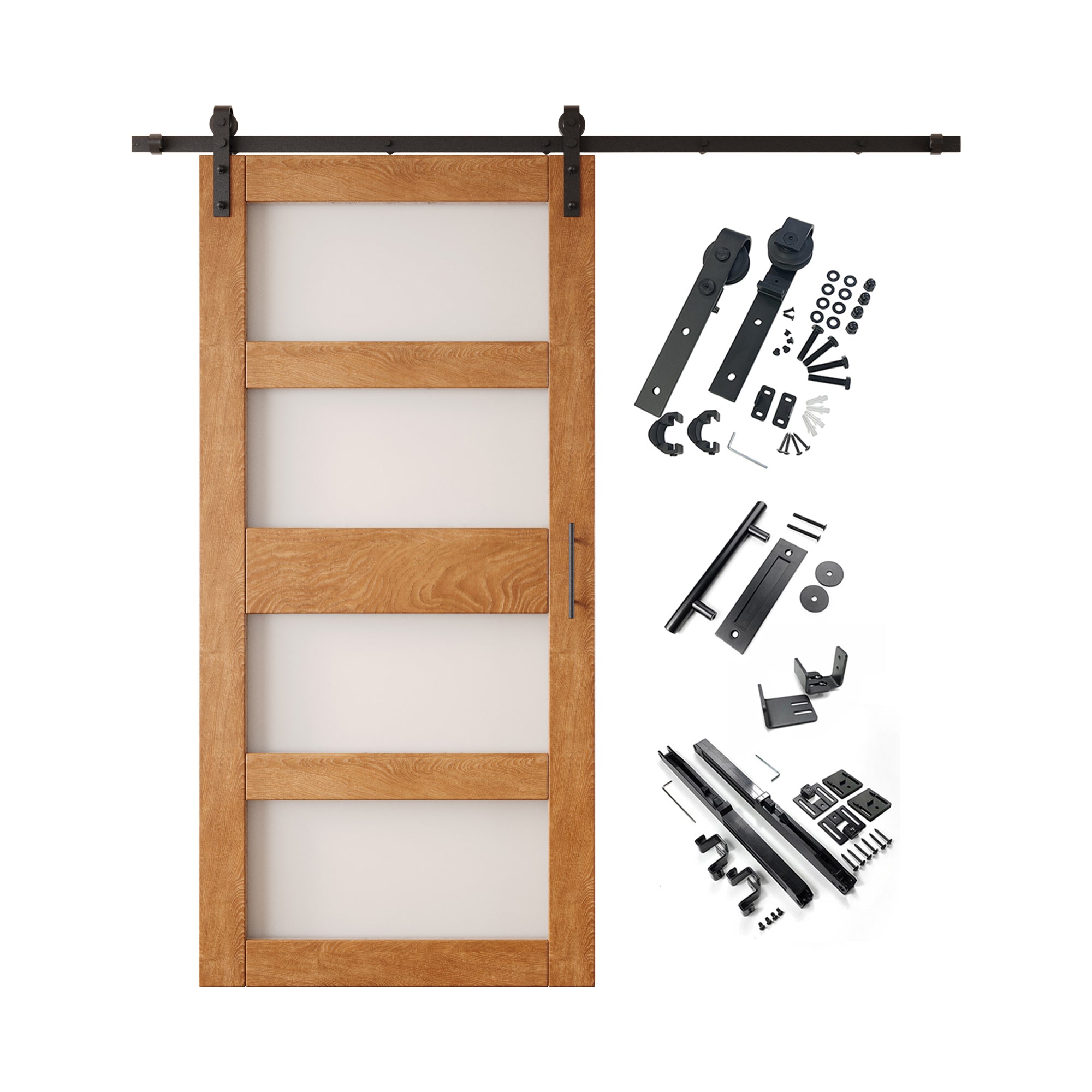 84" Height Early American 4-Lite Frosted Glass Unassembled & Finished Pine Wood Barn Door with Non-Bypass Installation Hardware Kit (Interior Use Only)