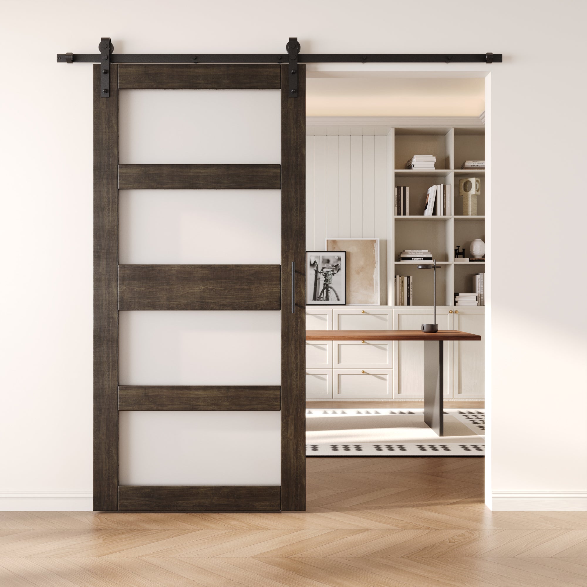 84" Height Ebony 4-Lite Frosted Glass Unassembled & Finished Pine Wood Barn Door with Non-Bypass Installation Hardware Kit (Interior Use Only)