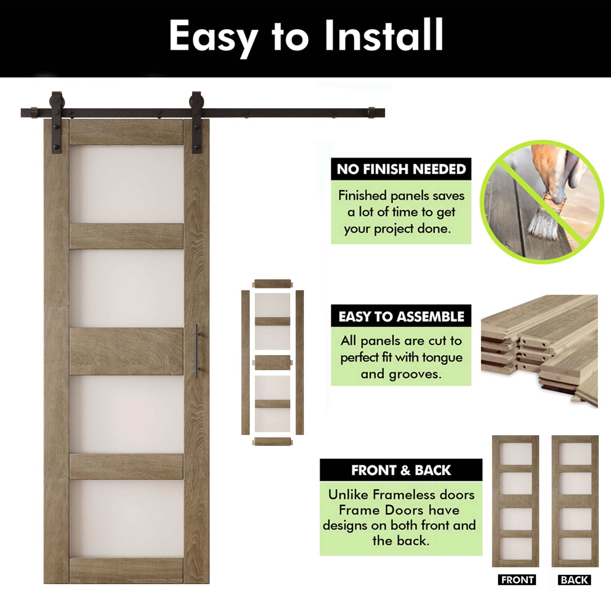 84" Height Classic Gray 4-Lite Frosted Glass Unassembled & Finished Pine Wood Barn Door with Non-Bypass Installation Hardware Kit (Interior Use Only)