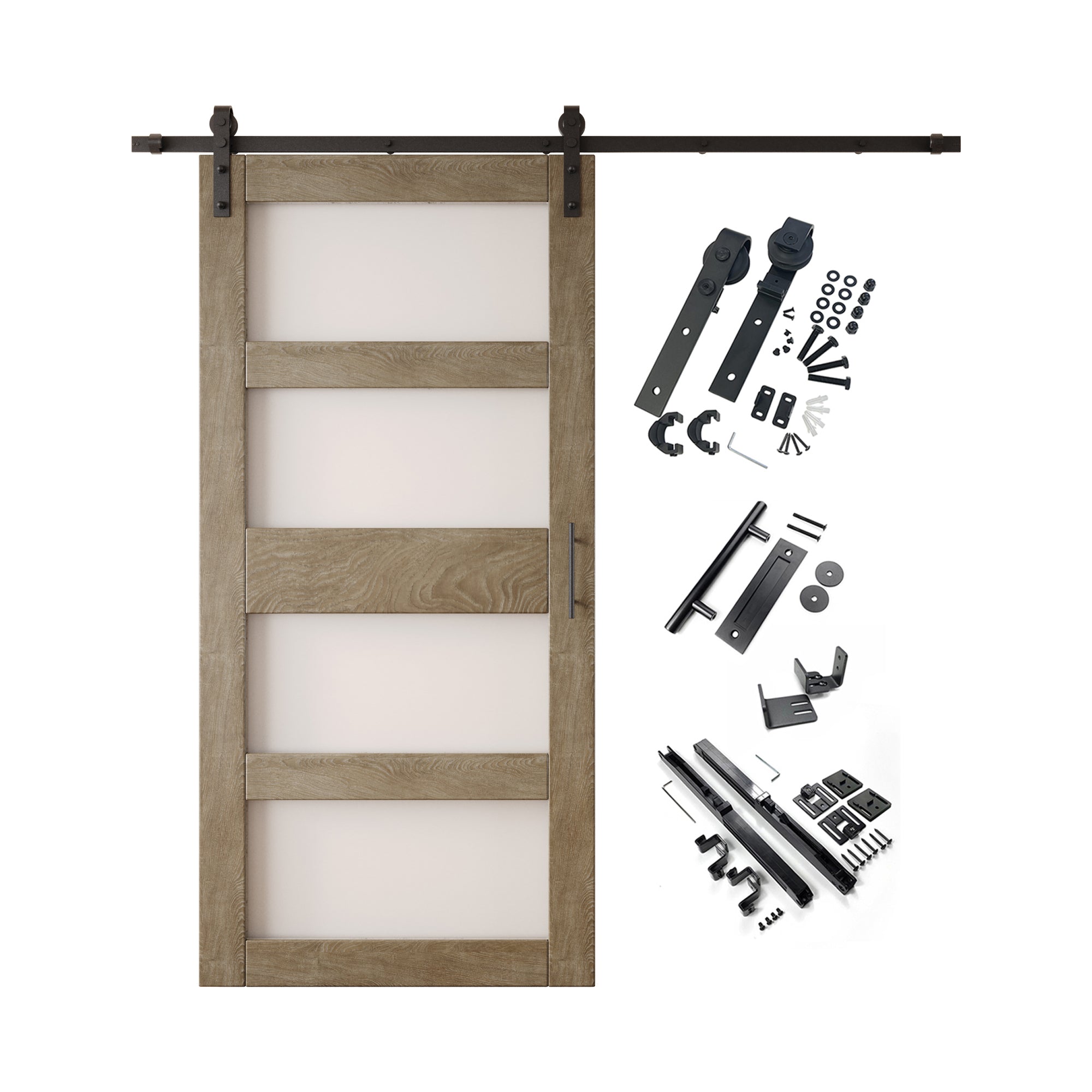 84" Height Classic Gray 4-Lite Frosted Glass Unassembled & Finished Pine Wood Barn Door with Non-Bypass Installation Hardware Kit (Interior Use Only)