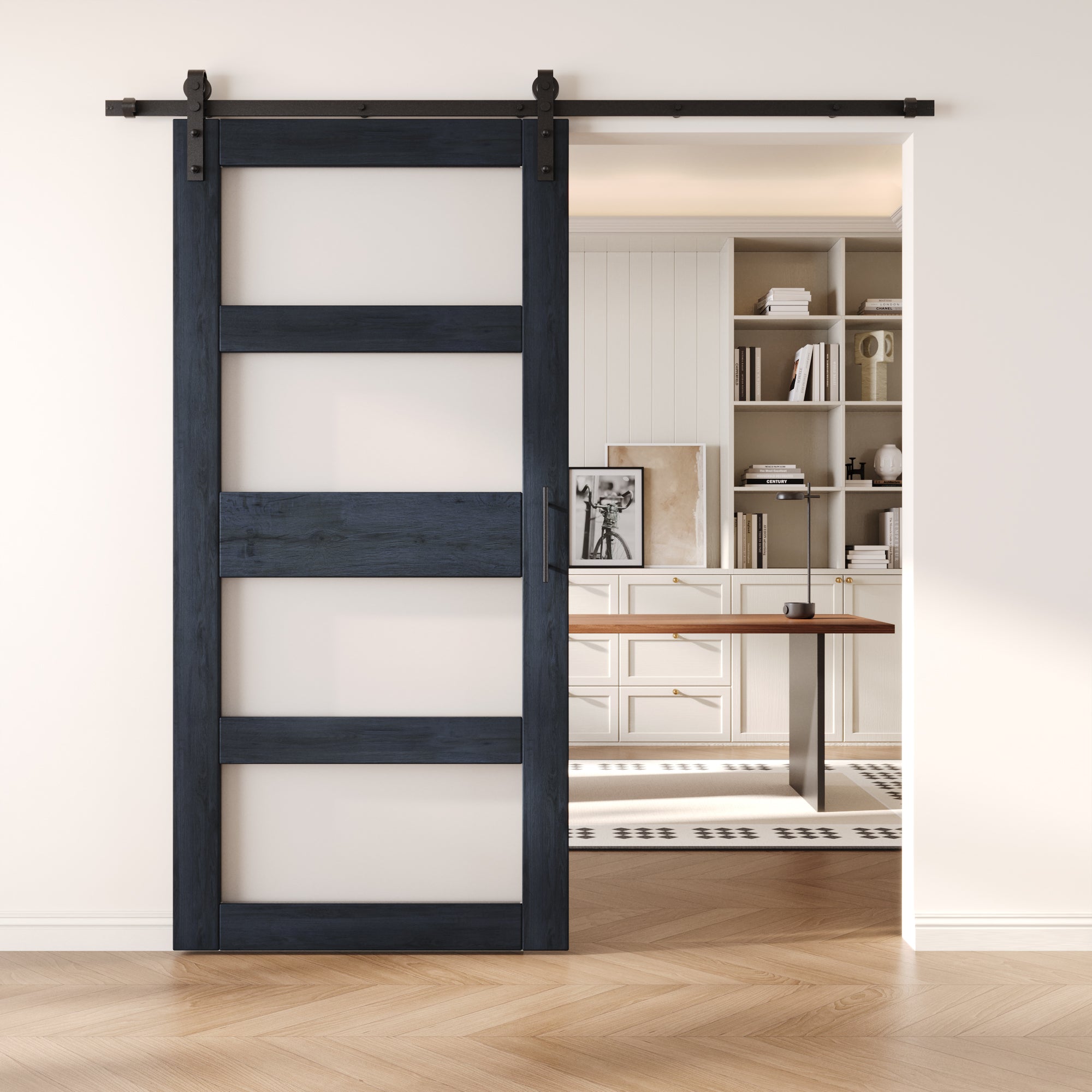 84" Height Navy 4-Lite Frosted Glass Unassembled & Finished Pine Wood Barn Door with Non-Bypass Installation Hardware Kit (Interior Use Only)