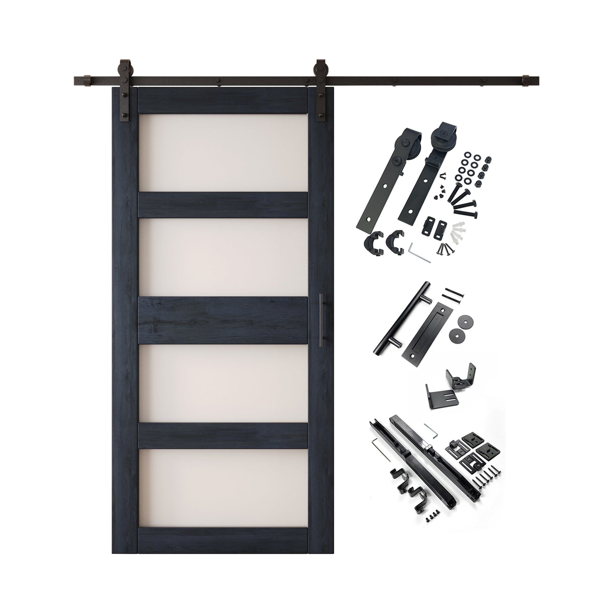 84" Height Navy 4-Lite Frosted Glass Unassembled & Finished Pine Wood Barn Door with Non-Bypass Installation Hardware Kit (Interior Use Only)