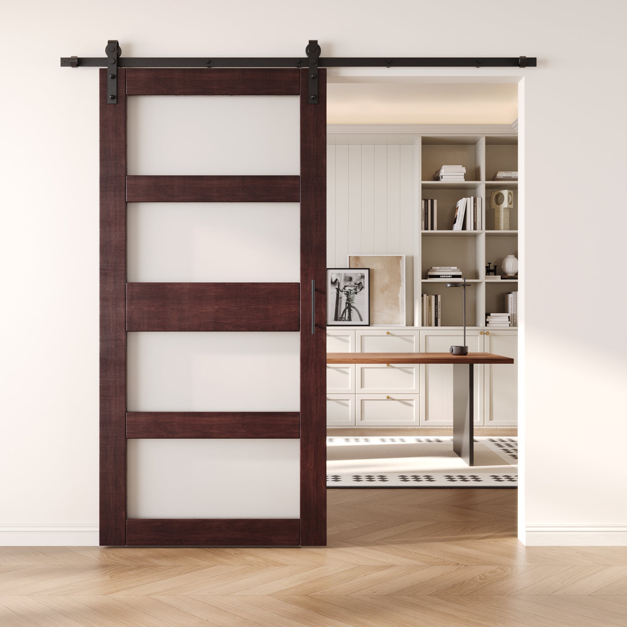 84" Height Red Mahogany 4-Lite Frosted Glass Unassembled & Finished Pine Wood Barn Door with Non-Bypass Installation Hardware Kit (Interior Use Only)