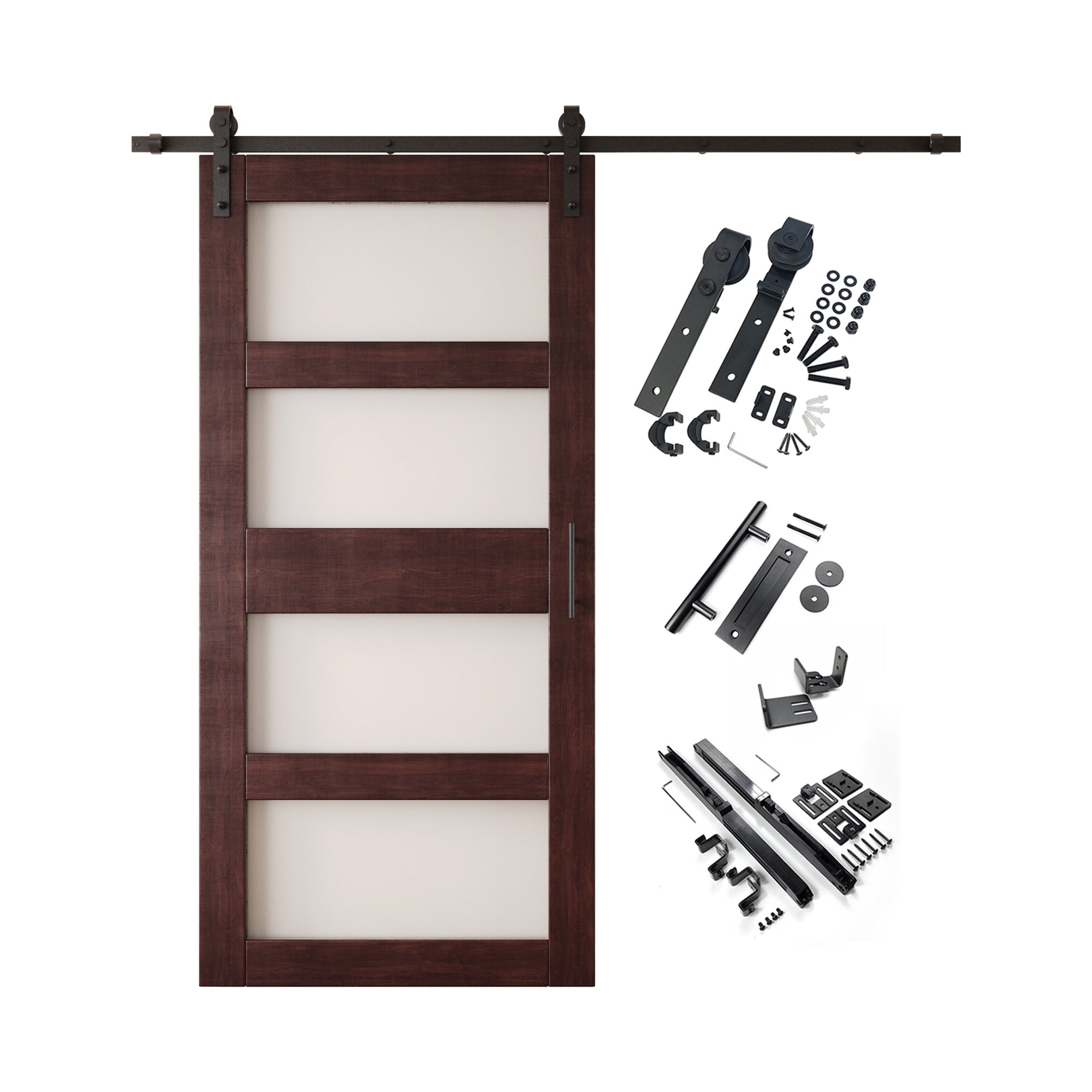 84" Height Red Mahogany 4-Lite Frosted Glass Unassembled & Finished Pine Wood Barn Door with Non-Bypass Installation Hardware Kit (Interior Use Only)