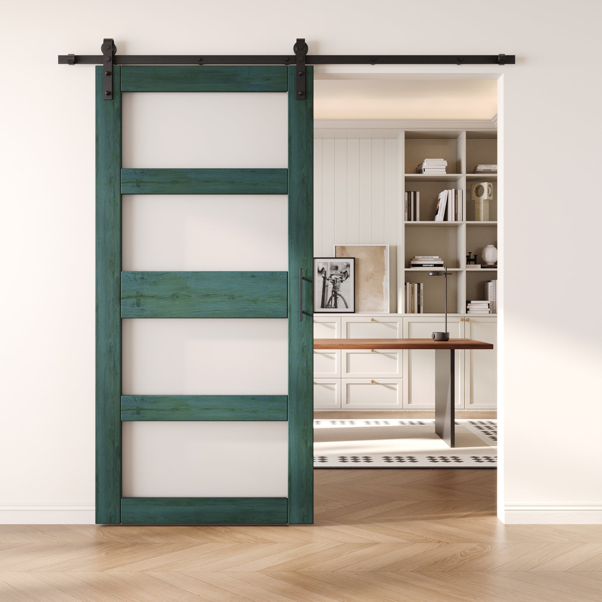 84" Height Royal Pine 4-Lite Frosted Glass Unassembled & Finished Pine Wood Barn Door with Non-Bypass Installation Hardware Kit (Interior Use Only)