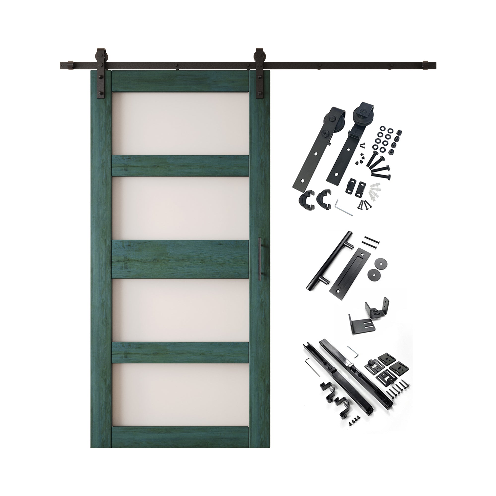 84" Height Royal Pine 4-Lite Frosted Glass Unassembled & Finished Pine Wood Barn Door with Non-Bypass Installation Hardware Kit (Interior Use Only)