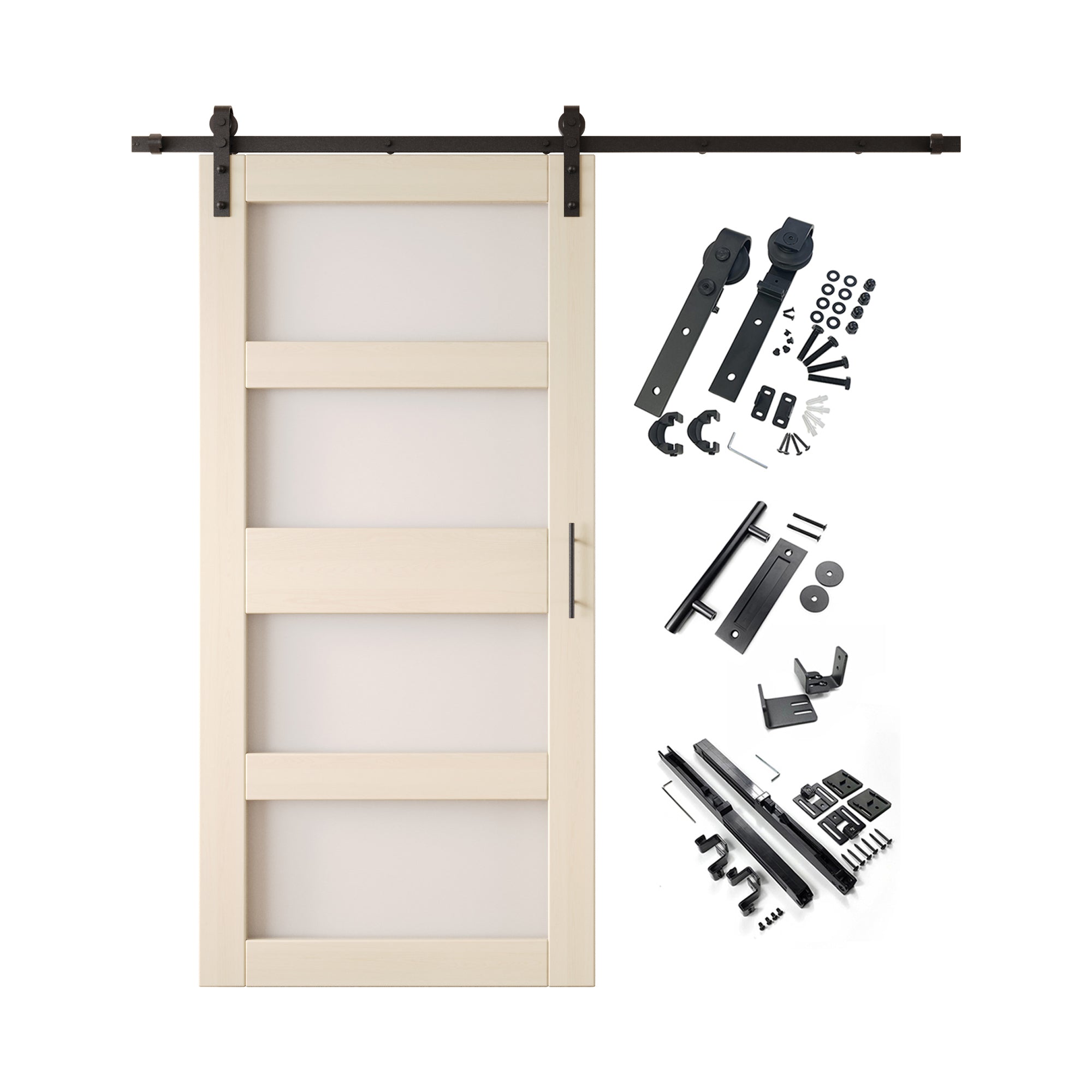 84" Height Tinsmith Gray 4-Lite Frosted Glass Unassembled & Finished Pine Wood Barn Door with Non-Bypass Installation Hardware Kit (Interior Use Only)