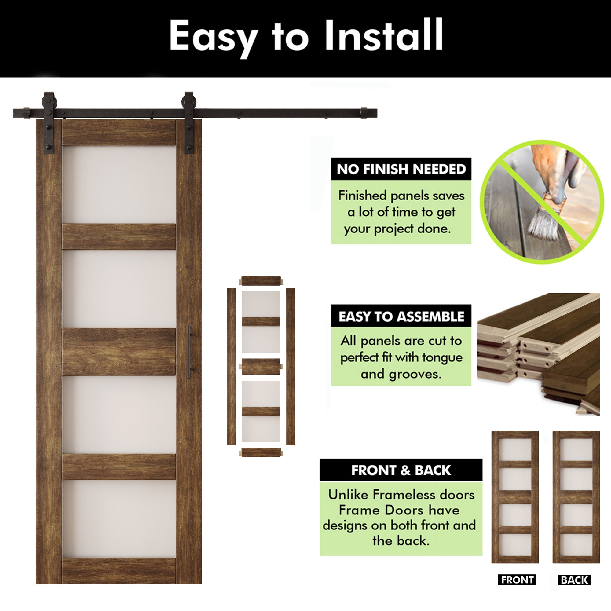 84" Height Dark Walnut 4-Lite Frosted Glass Unassembled & Finished Pine Wood Barn Door with Non-Bypass Installation Hardware Kit (Interior Use Only)