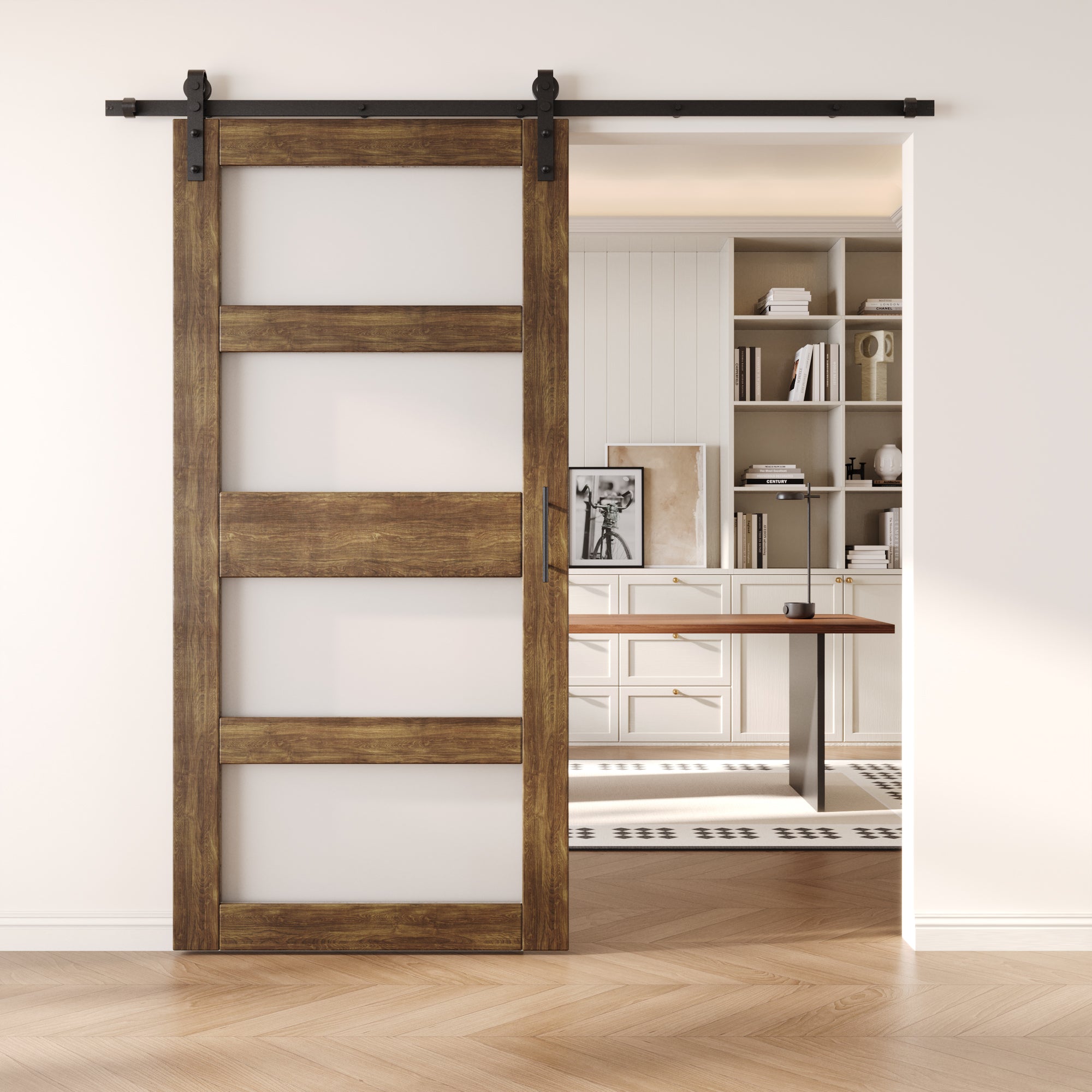 84" Height Dark Walnut 4-Lite Frosted Glass Unassembled & Finished Pine Wood Barn Door with Non-Bypass Installation Hardware Kit (Interior Use Only)