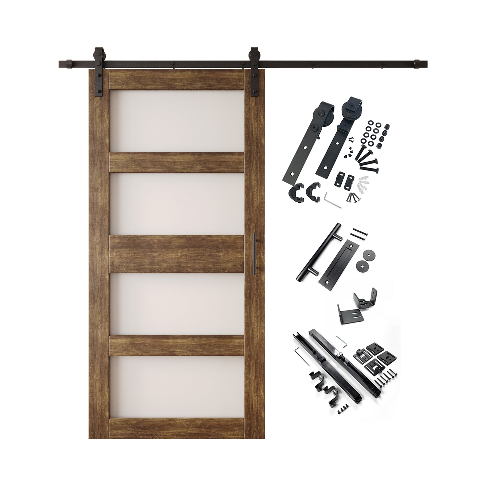 84" Height Dark Walnut 4-Lite Frosted Glass Unassembled & Finished Pine Wood Barn Door with Non-Bypass Installation Hardware Kit (Interior Use Only)
