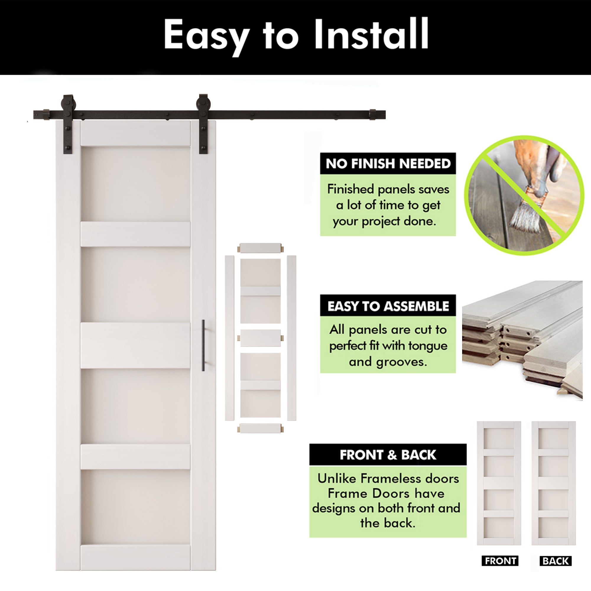 84" Height White 4-Lite Frosted Glass Unassembled & Finished Pine Wood Barn Door with Non-Bypass Installation Hardware Kit (Interior Use Only)