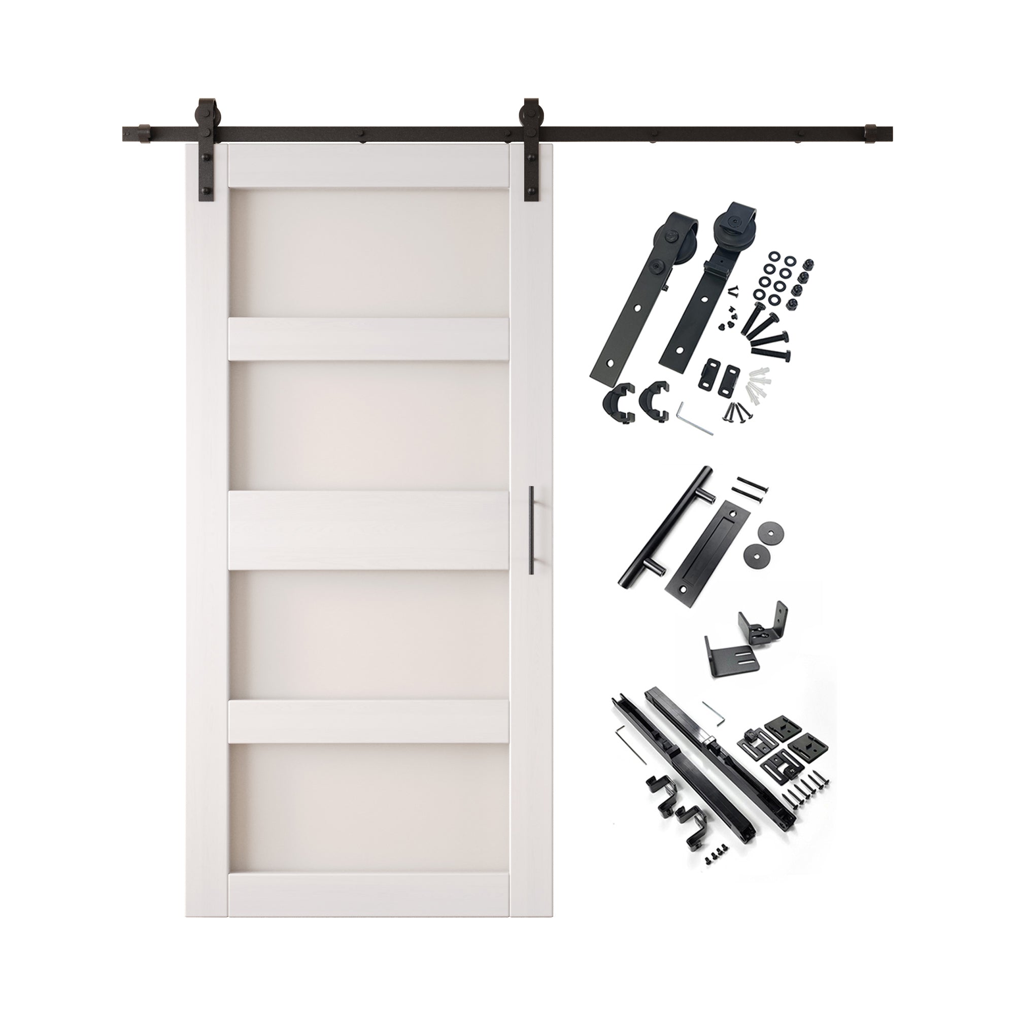 84" Height White 4-Lite Frosted Glass Unassembled & Finished Pine Wood Barn Door with Non-Bypass Installation Hardware Kit (Interior Use Only)