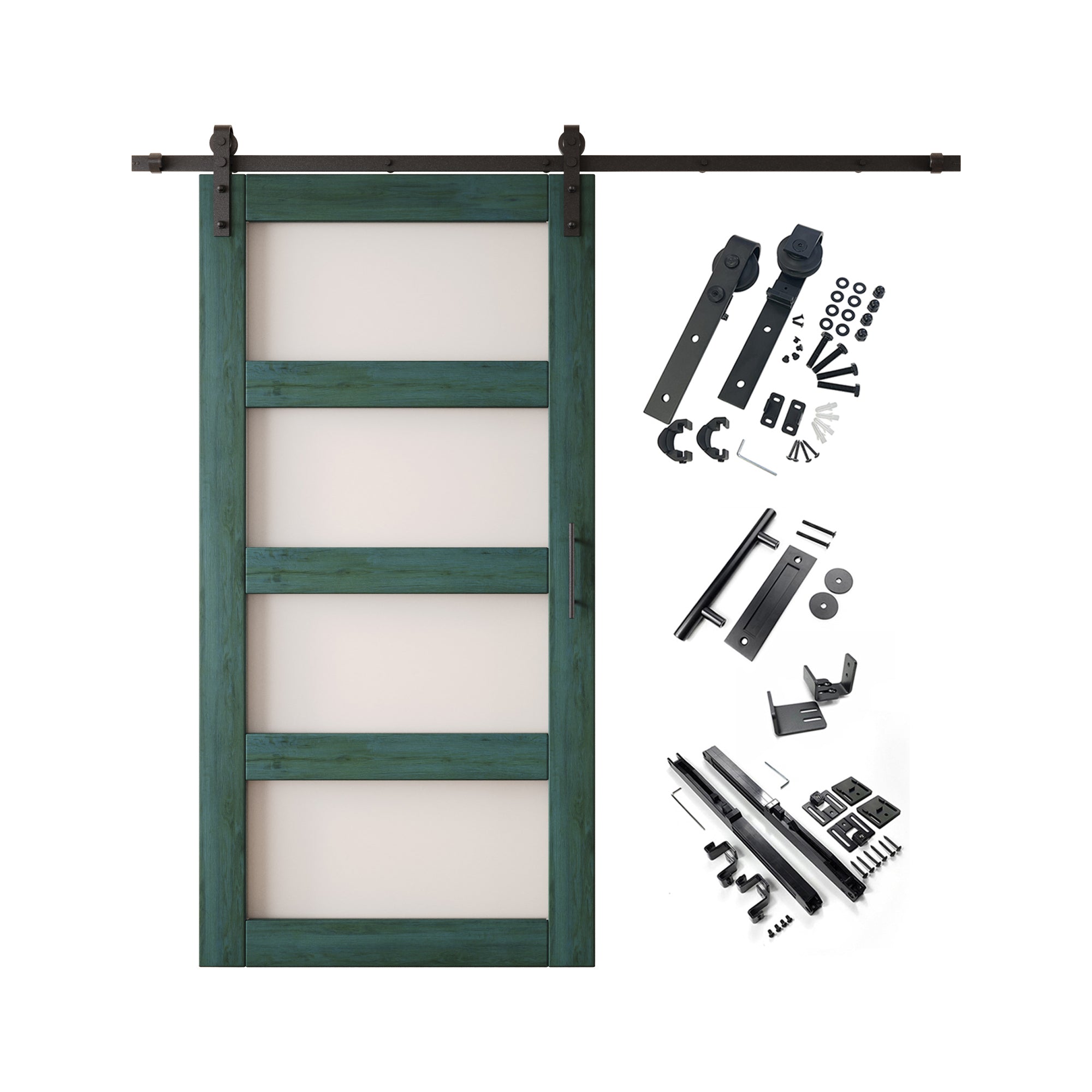 80" Height Royal Pine 4-Lite Frosted Glass Unassembled & Finished Pine Wood Barn Door with Non-Bypass Installation Hardware Kit (Interior Use Only)