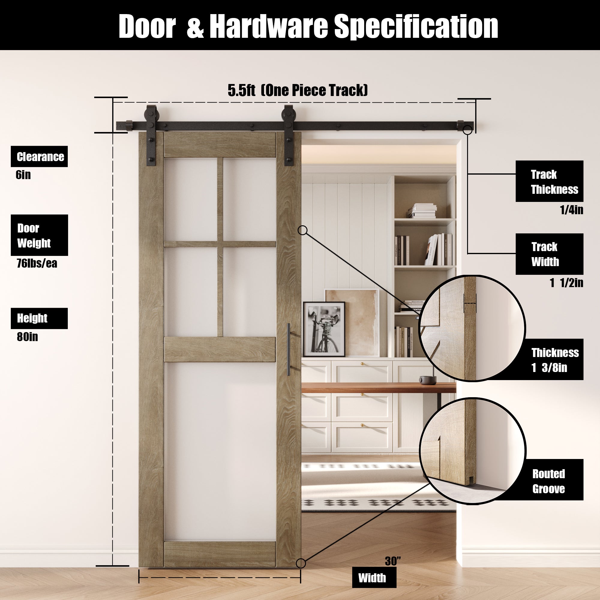 80" Height Classic Gray 5-Lite Frosted Glass Unassembled & Finished Pine Wood Barn Door with Non-Bypass Installation Hardware Kit (Interior Use Only)