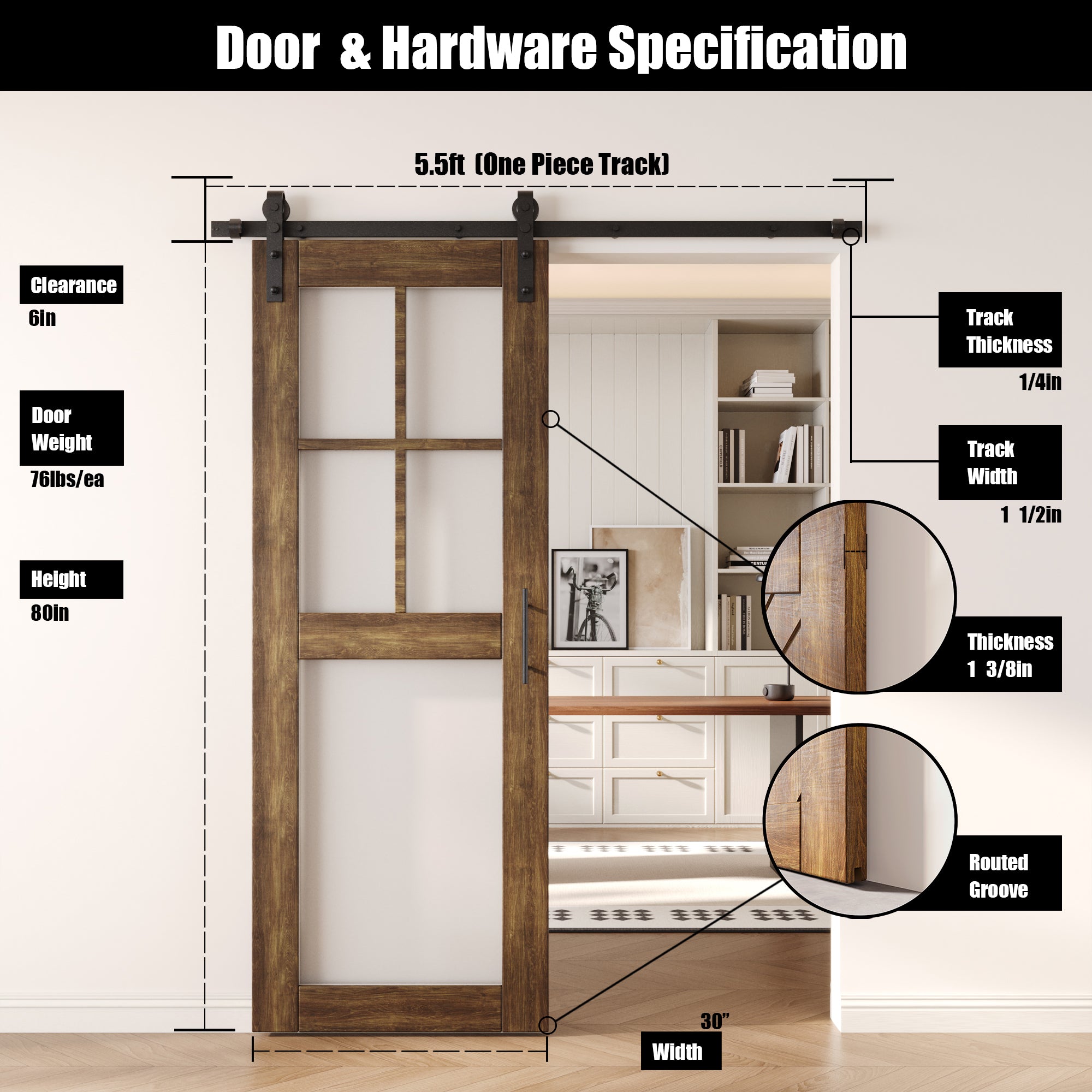 80" Height Dark Walnut 5-Lite Frosted Glass Unassembled & Finished Pine Wood Barn Door with Non-Bypass Installation Hardware Kit (Interior Use Only)