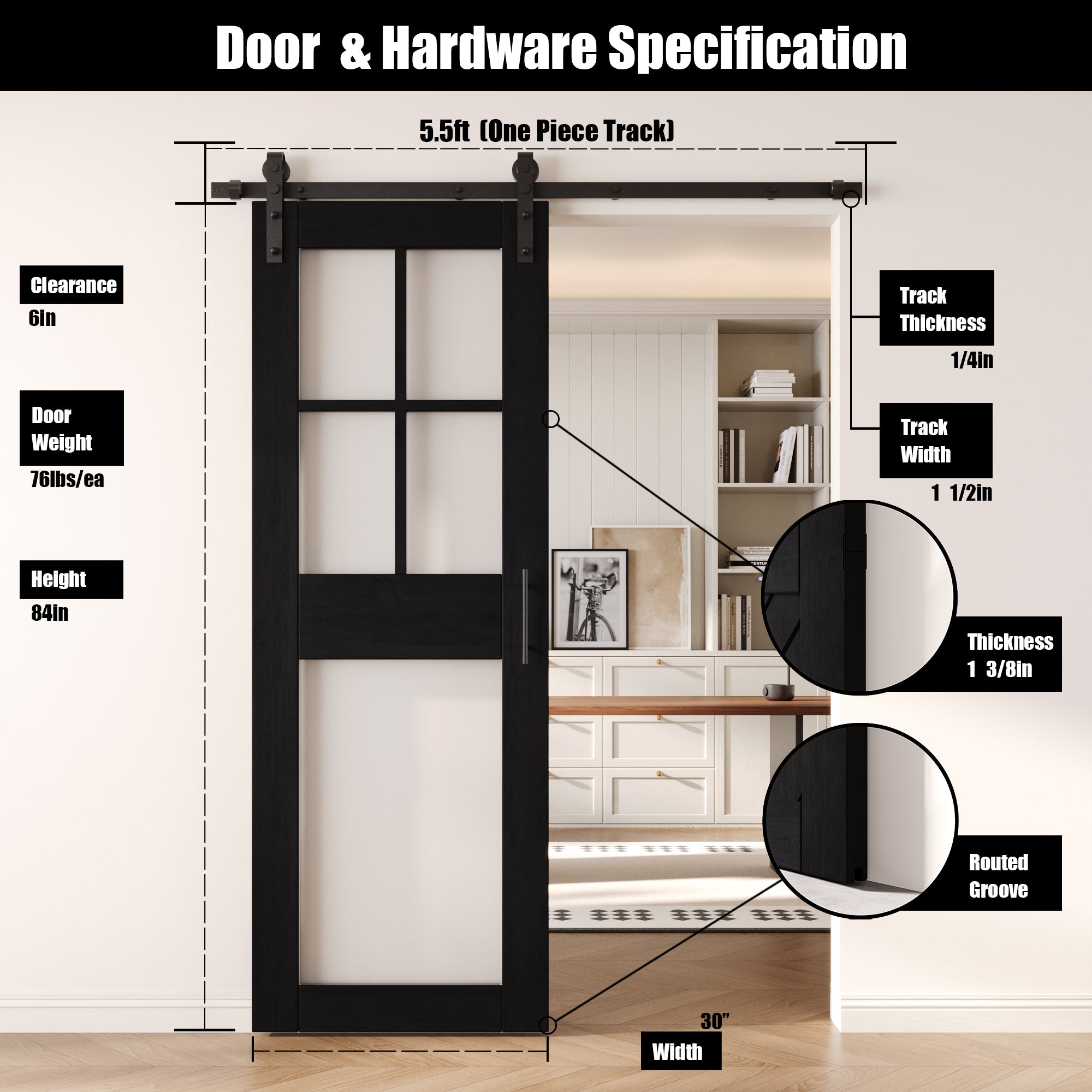 84" Height Black 5-Lite Frosted Glass Unassembled & Finished Pine Wood Barn Door with Non-Bypass Installation Hardware Kit (Interior Use Only)