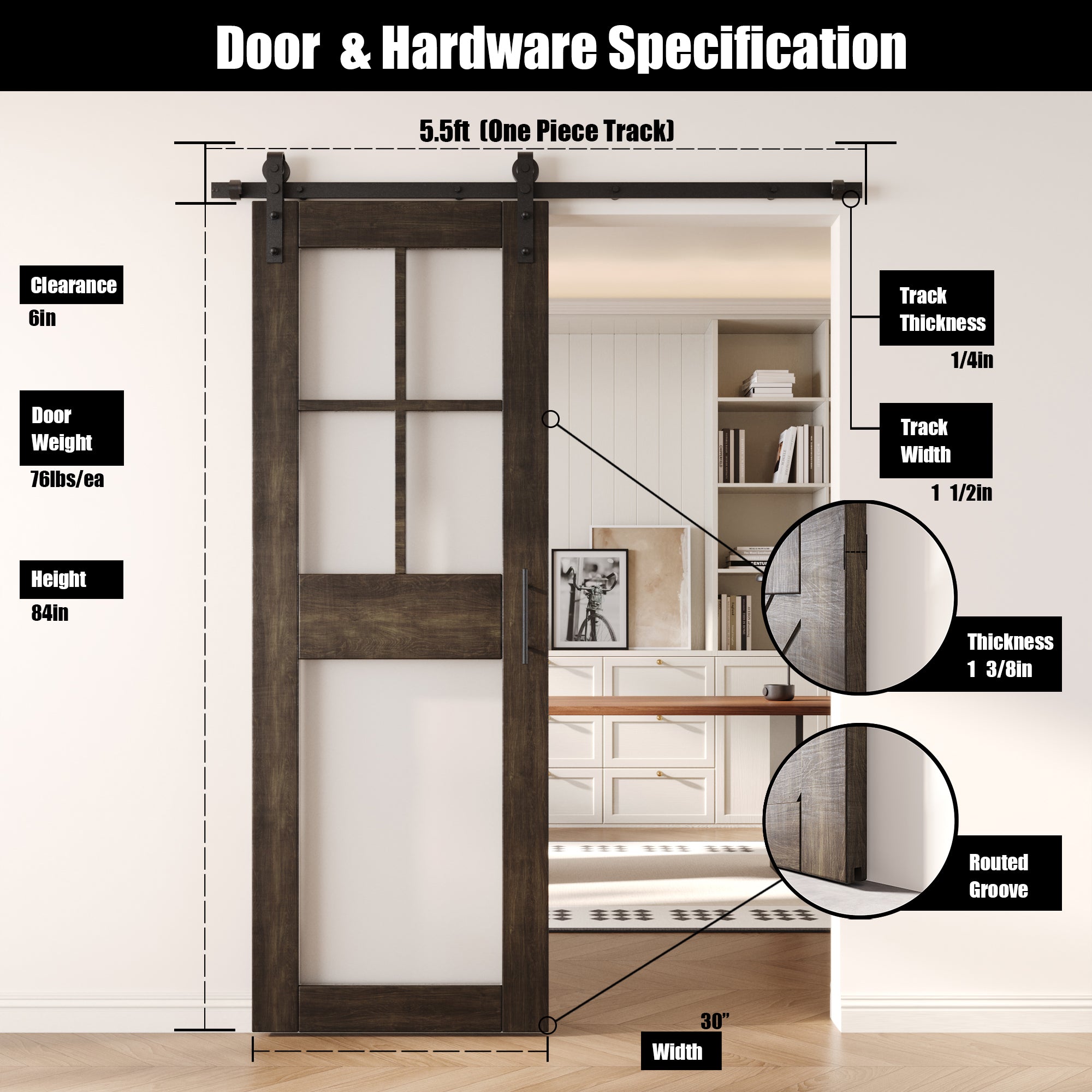 84" Height Ebony 5-Lite Frosted Glass Unassembled & Finished Pine Wood Barn Door with Non-Bypass Installation Hardware Kit (Interior Use Only)