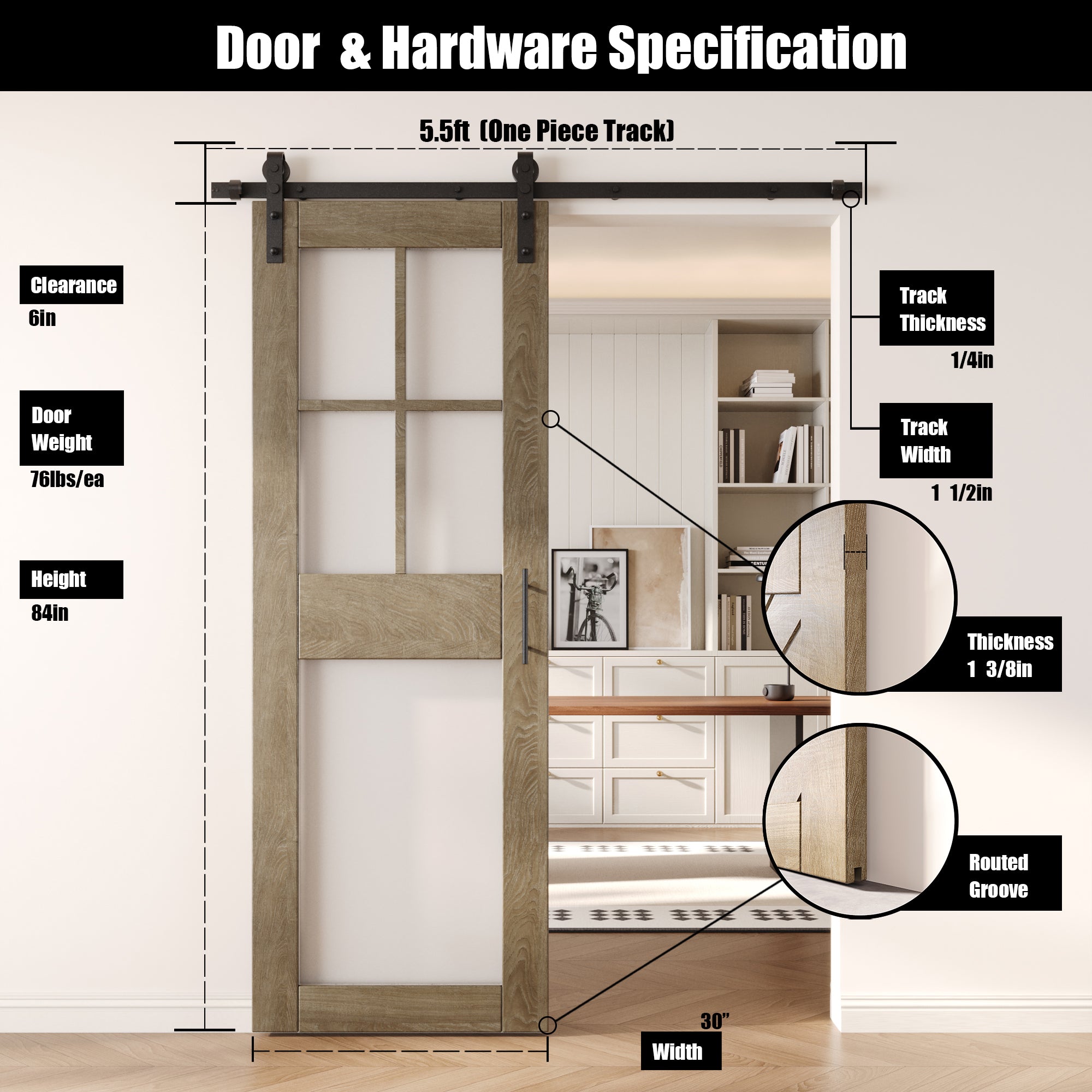 84" Height Classic Gray 5-Lite Frosted Glass Unassembled & Finished Pine Wood Barn Door with Non-Bypass Installation Hardware Kit (Interior Use Only)